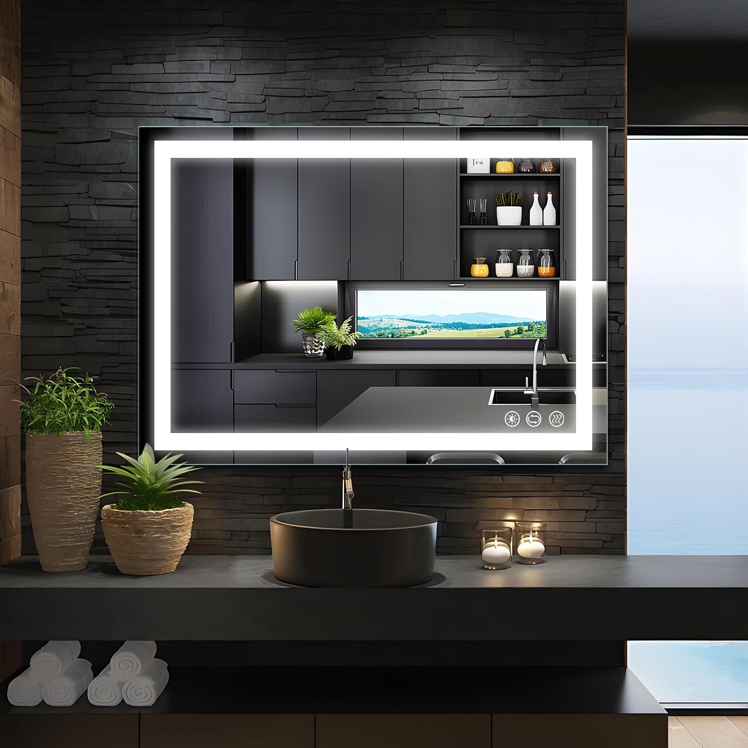 Espejo de baño LED, 32 x 24 pulgadas, espejo de tocador de baño iluminado frontal con luces, espejo de pared regulable continuo, iluminación de 3
