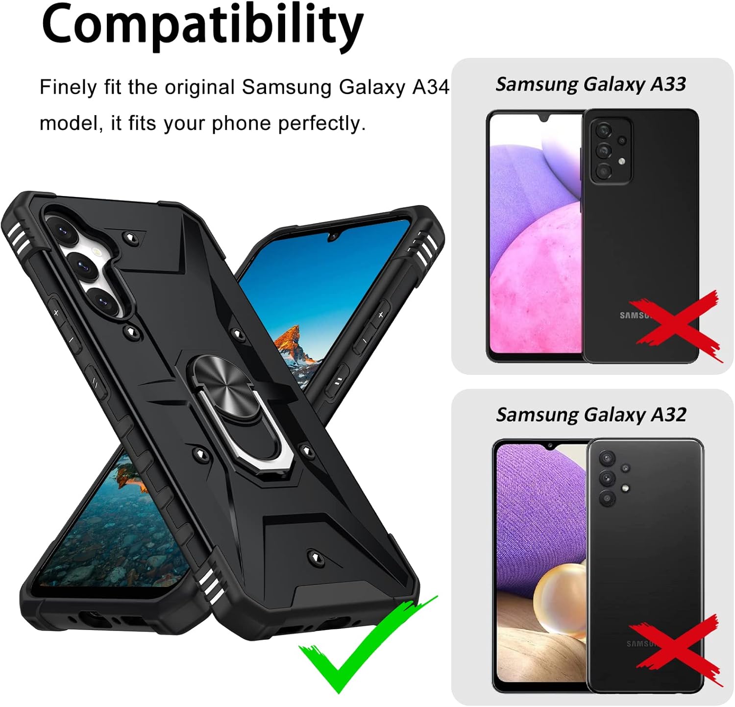 Miimall Funda para Samsung A34 con soporte de anillo, funda para Galaxy A34 con soporte giratorio, protección de grado militar, resistencia a caídas