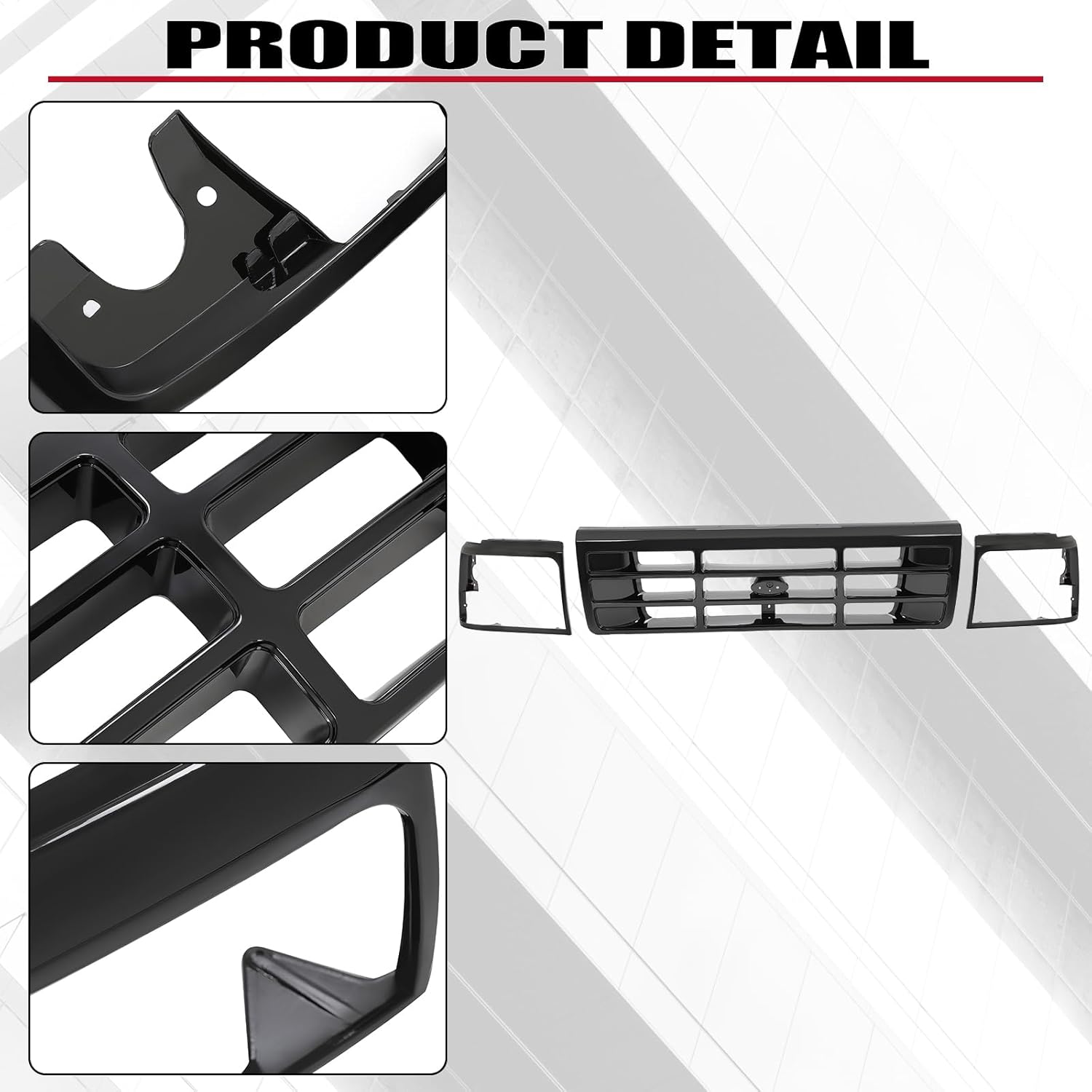 HECASA Rejilla delantera y bisel para faros delanteros compatible con Ford Bronco F-150 F-250 HD F-350 1992-1997 Reemplazo para FO1200172 FO2512131
