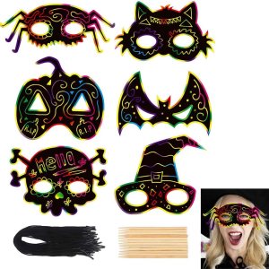 CCINEE 36 máscaras de papel para rascar de Halloween, mágicas máscaras artísticas para raspar con cordones elásticos y lápiz capacitivo de madera CCINEE 36 máscaras de papel para rascar de Halloween, mágicas máscaras artísticas para raspar con cordones elásticos y lápiz capacitivo de madera