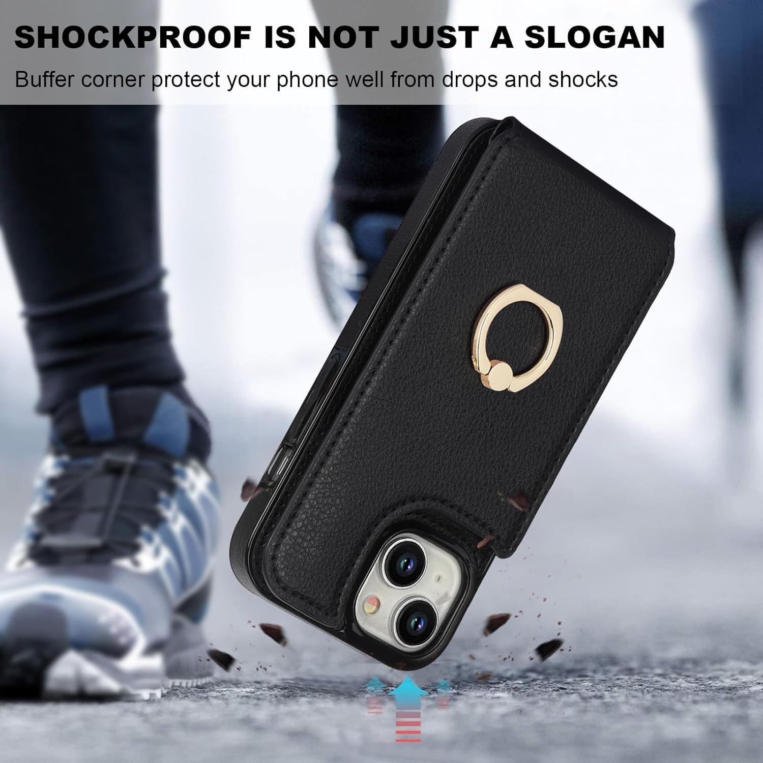 Folosu Funda compatible con iPhone 15 con soporte para tarjetas, rotación de 360, soporte de anillo de dedo con función atril, bloqueo RFID, doble
