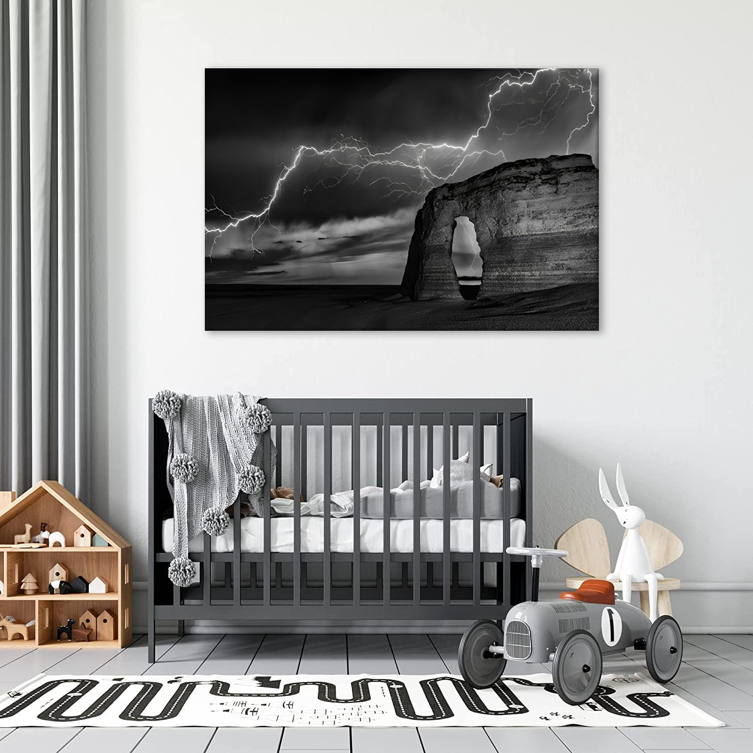 Lienzo de montaña y relámpago, arte abstracto moderno de pared, pósteres e impresiones en blanco y negro, decoración de pared enmarcada, arte de
