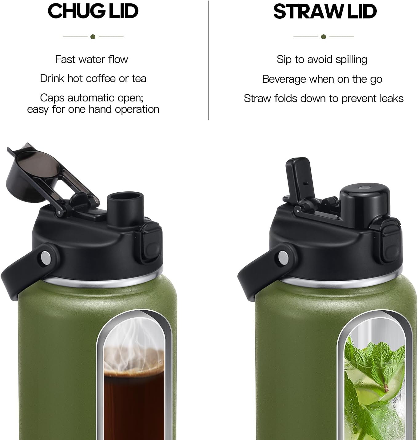 Botella de agua aislada de medio galón con tapa 2 en 1 (tapa para beber  tapa con pajilla), botellas de agua de acero inoxidable de doble pared de