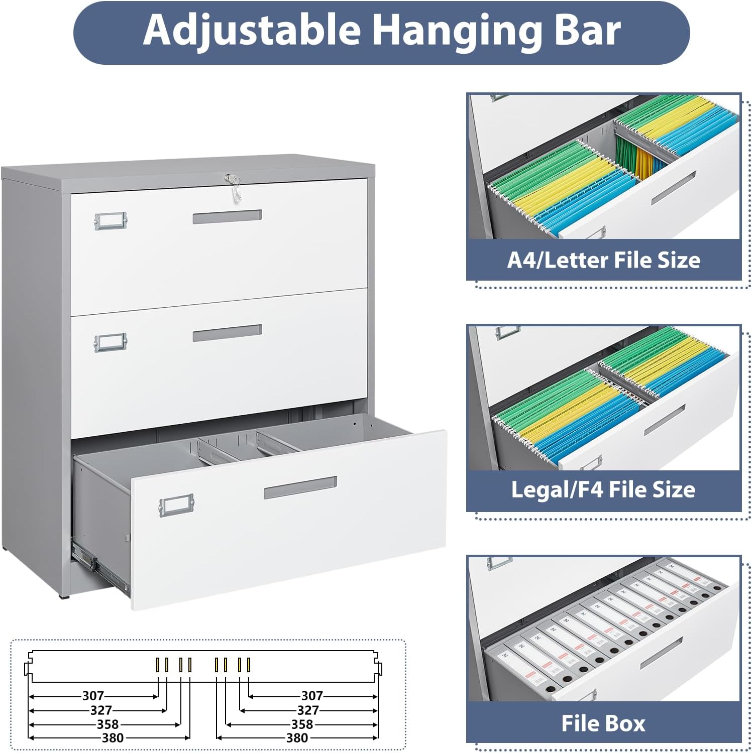 Archivador lateral con cerradura, archivador de almacenamiento de metal de 3 cajones para colgar archivos, tamaño cartalegalF4A4, archivador