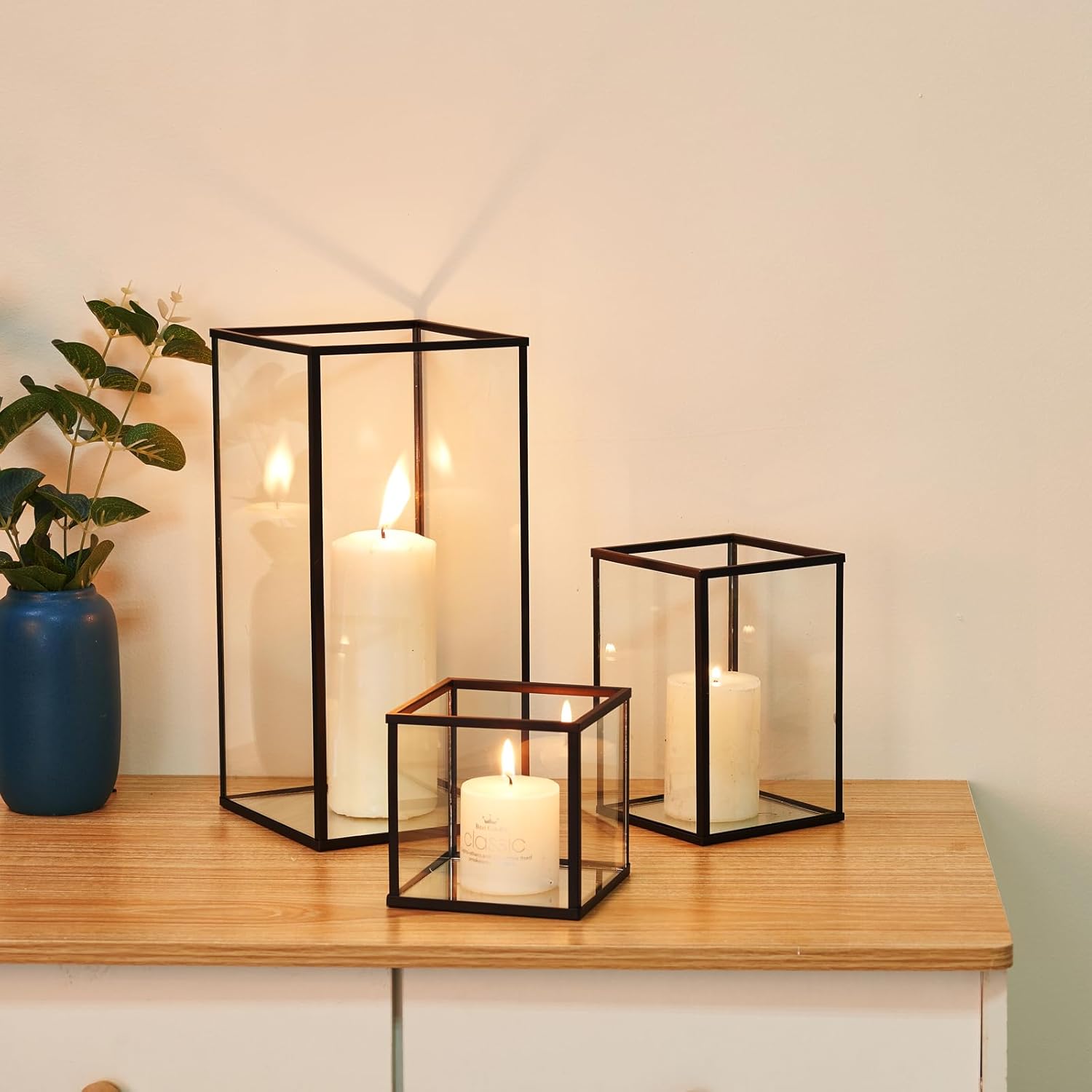 PHOSPHOR Juego de 3 portavelas de cristal para huracán, color negro, para bodas, fiestas, vacaciones, cumpleaños, decoración del hogar