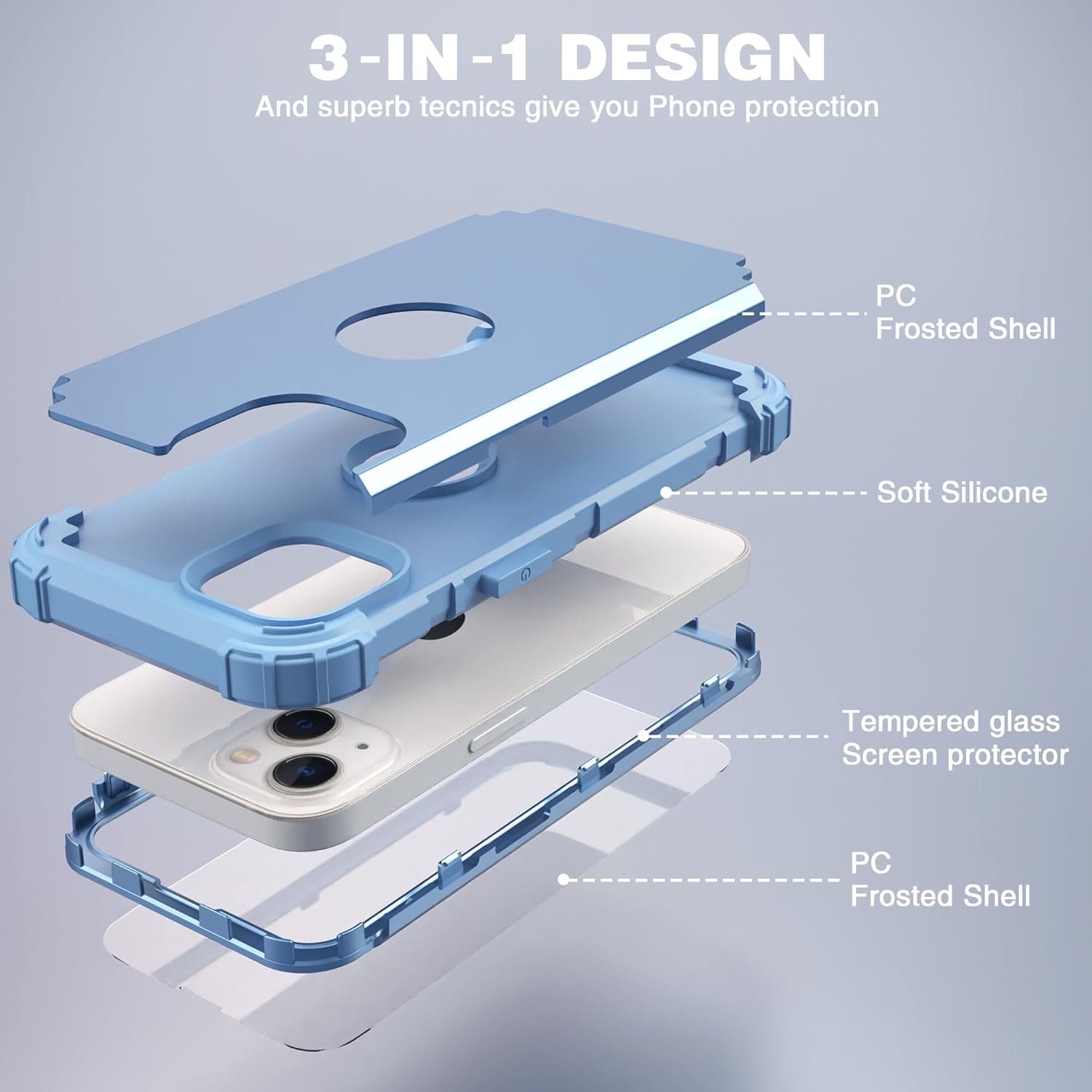 IDweel Funda para iPhone 15 con protector de pantalla de vidrio templado, 3 en 1, a prueba de golpes, delgada, híbrida, resistente, cubierta de