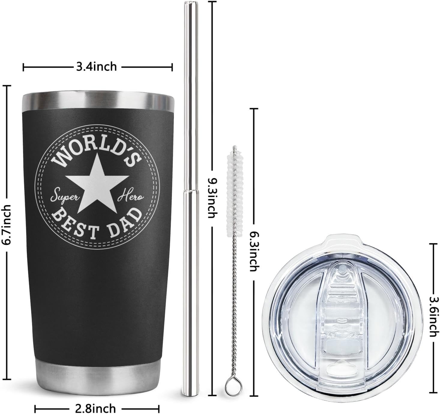 Regalos para papá, vaso de 20 onzas con tapa y popote aislado, reutilizable, de acero inoxidable, regalo de cumpleaños del mundo para el mejor papá