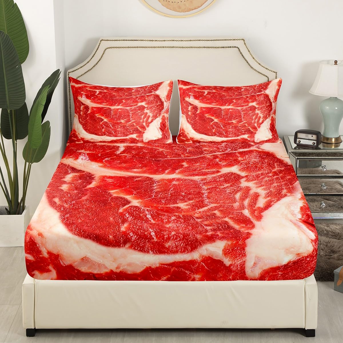 Juego de sábanas bajeras de carne cruda tamaño individual, juego de sábanas para niños y niñas, con temática de alimentos en 3D, 2 piezas (1 funda