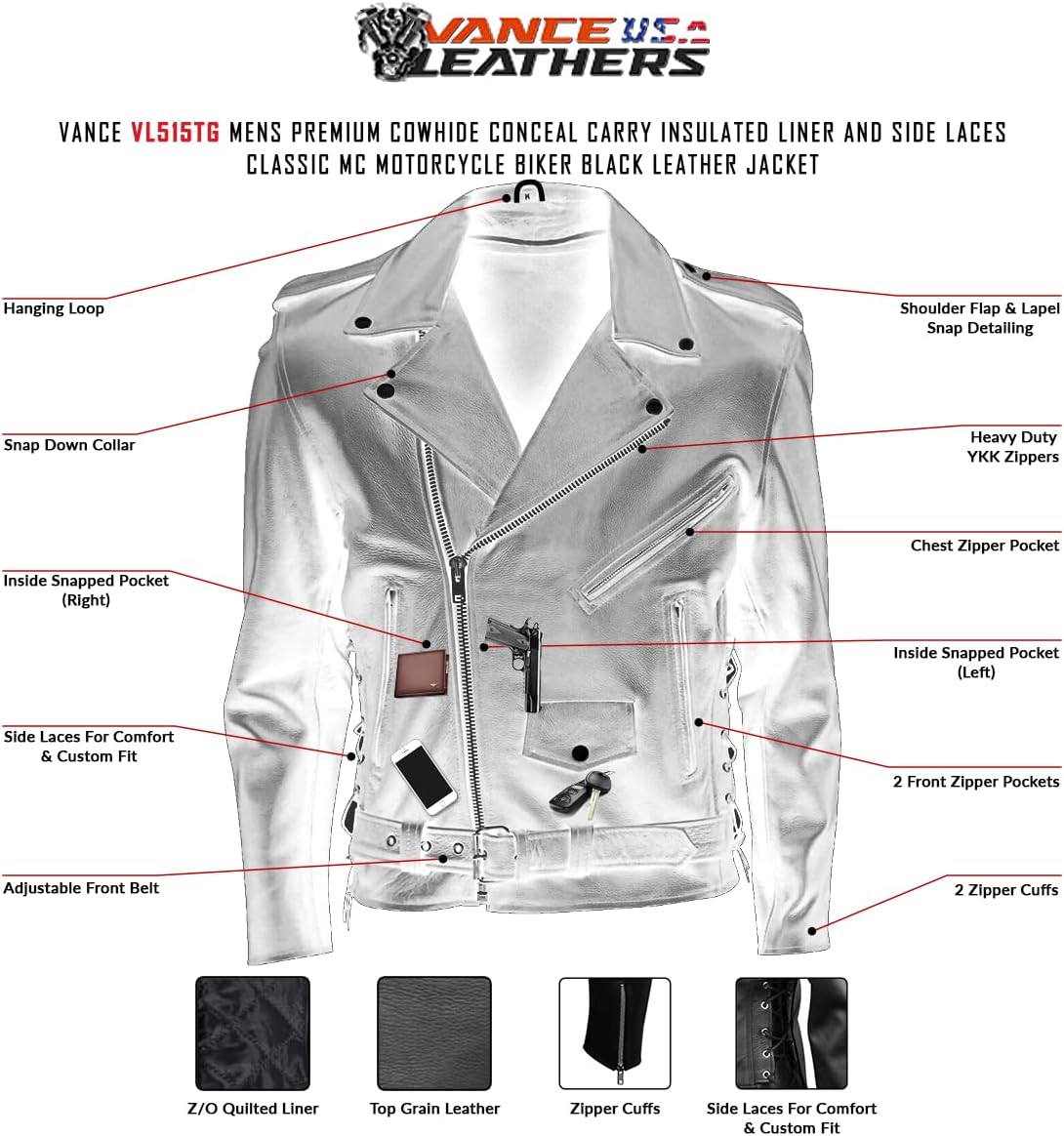 Vance Leather Chaqueta de cuero de vaca para hombre, forro aislante, con cordones laterales, clásico MC, motociclista, chaqueta de cuero negro