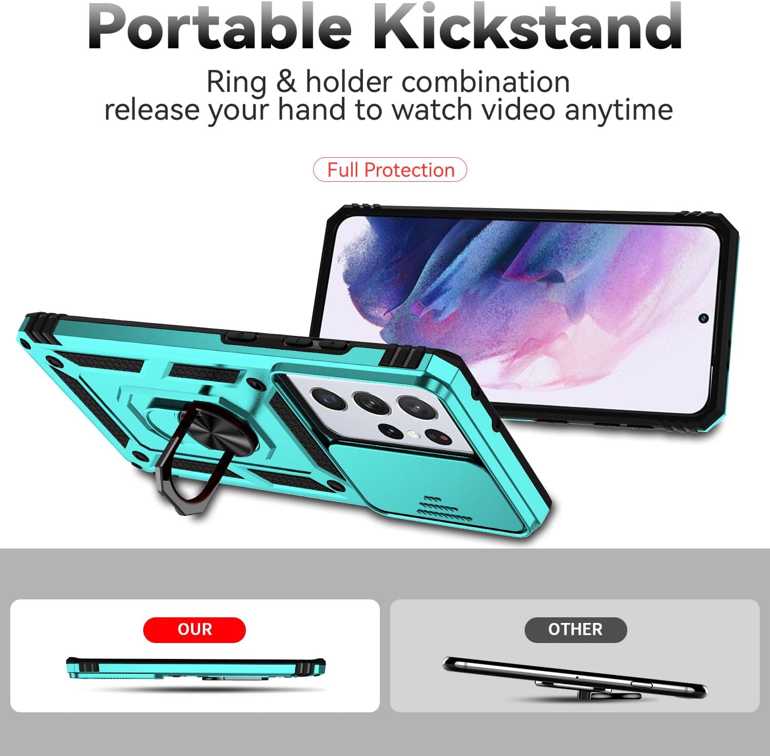 Funda para Samsung Galaxy S21 Ultra con cubierta para lente de cámara, protector de pantalla HD, soporte de anillo magnético probado contra caídas