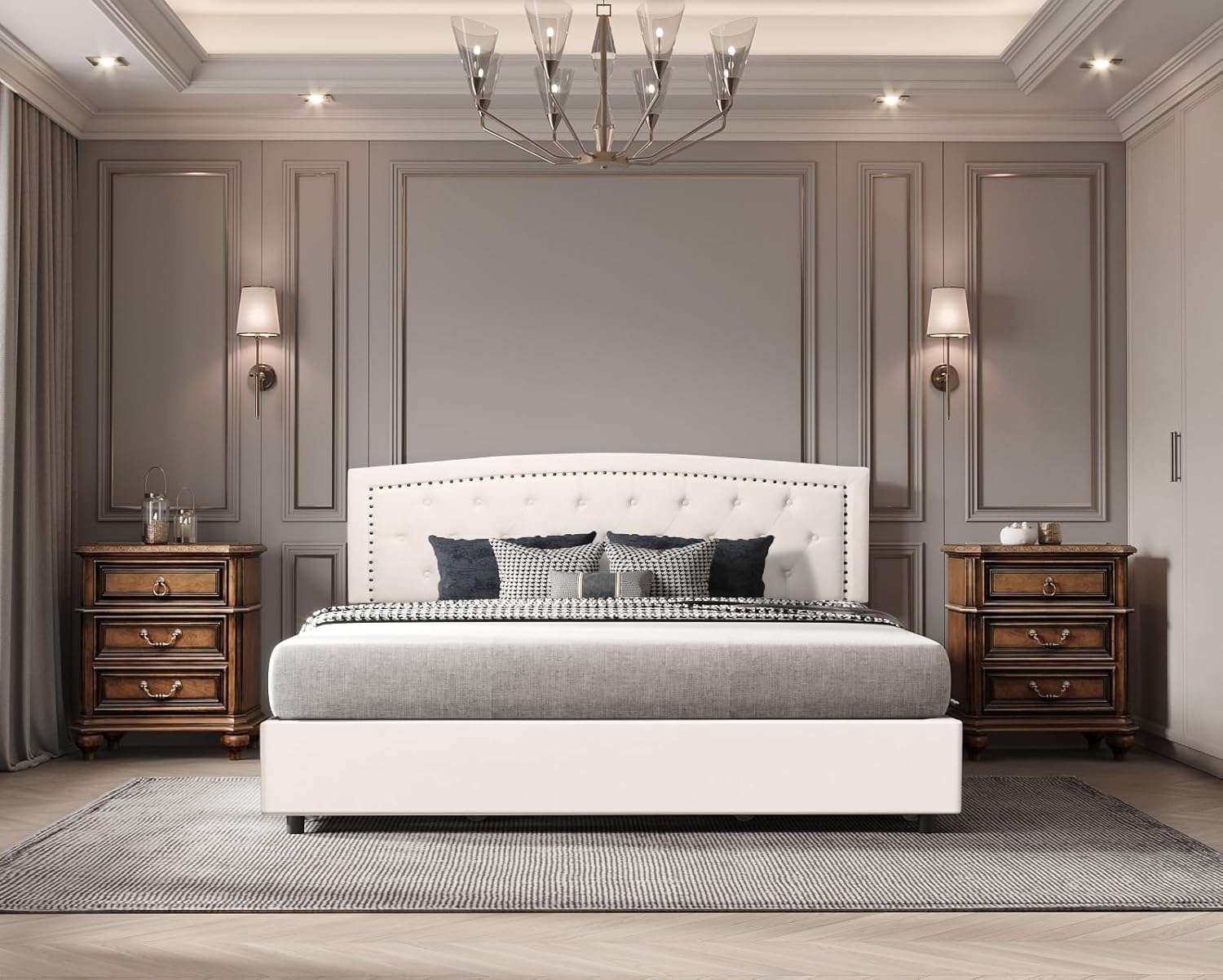 BONSOIR Base de cama de almacenamiento tamaño Queen tapizada de perfil bajo con cabecera tradicional copetuda y clavos, no necesita somier, 4