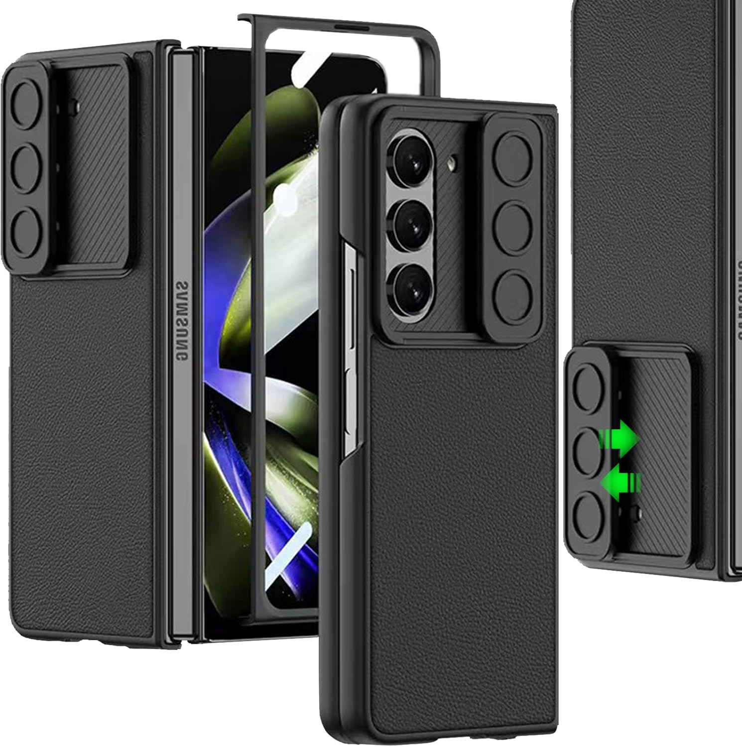 Miimall Funda de piel compatible con Samsung Galaxy Z Fold 5, protector de pantalla frontal, funda deslizante para cámara, funda antiarañazos de