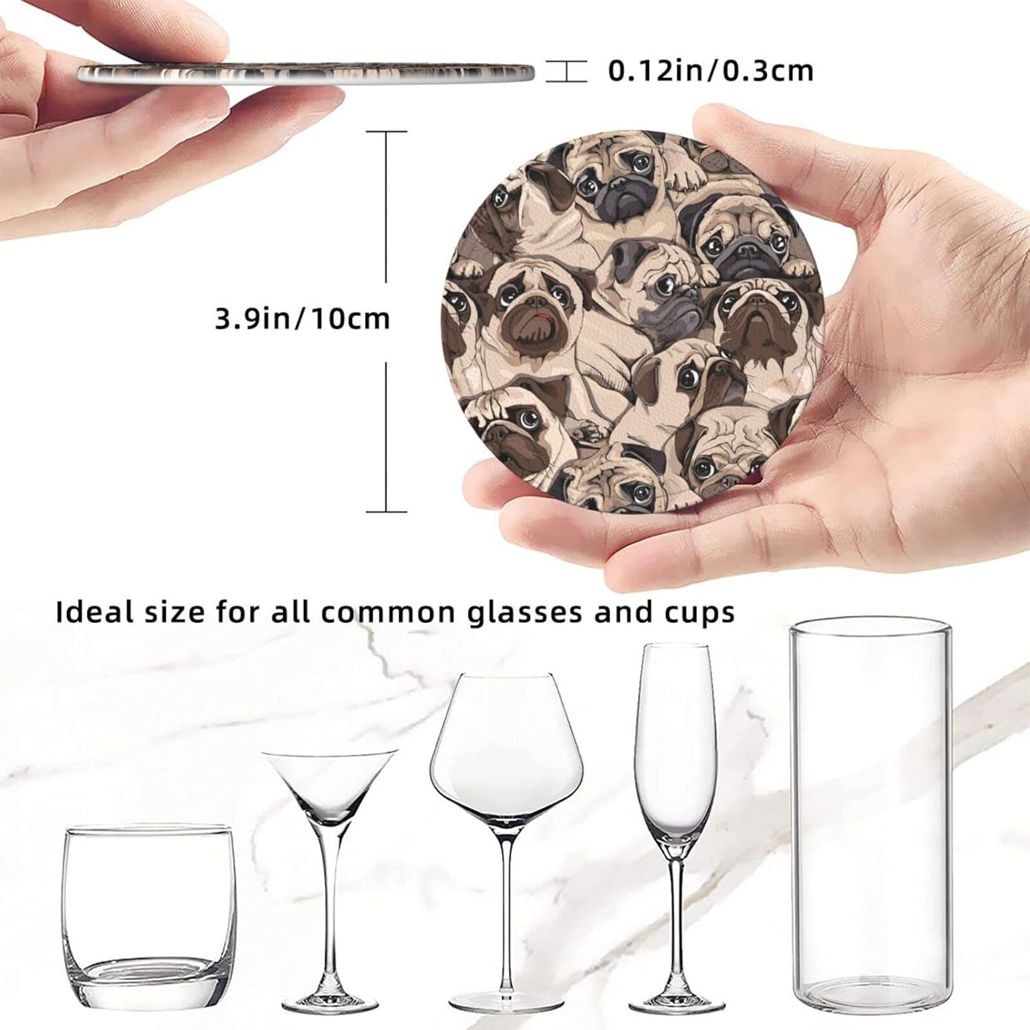 6 posavasos de cuero para bebidas con soporte para humor, pugs para perros, juegos de posavasos para mesa de bebidas, posavasos para cocina,