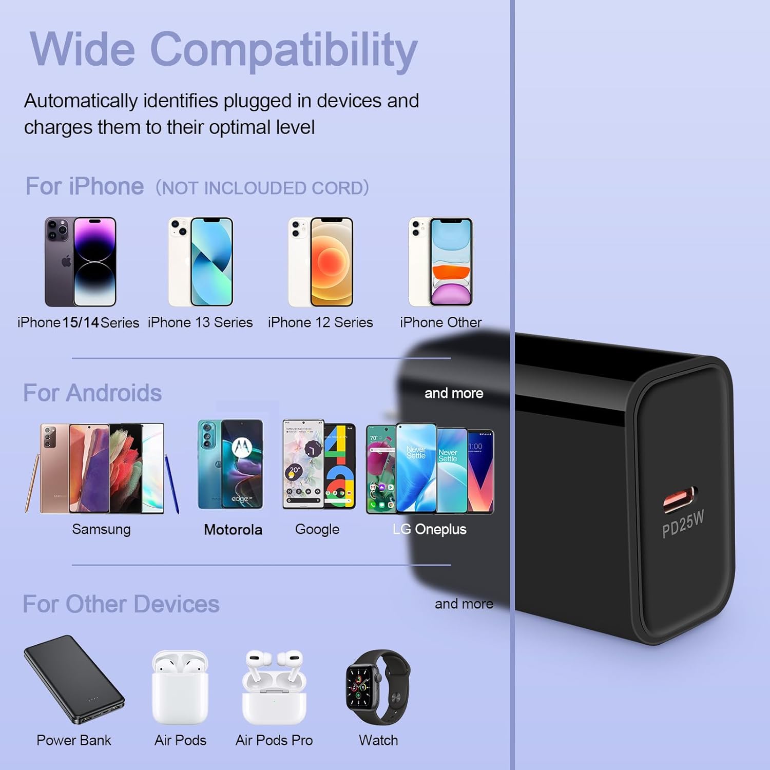 Adaptador de corriente USB C de 25 W para Google Pixel 8 Pro 8 7a 7, Motorola Edge Plus 2023, Edge 40, Razr+40 Ultra, Moto G Play 2024G PowerG