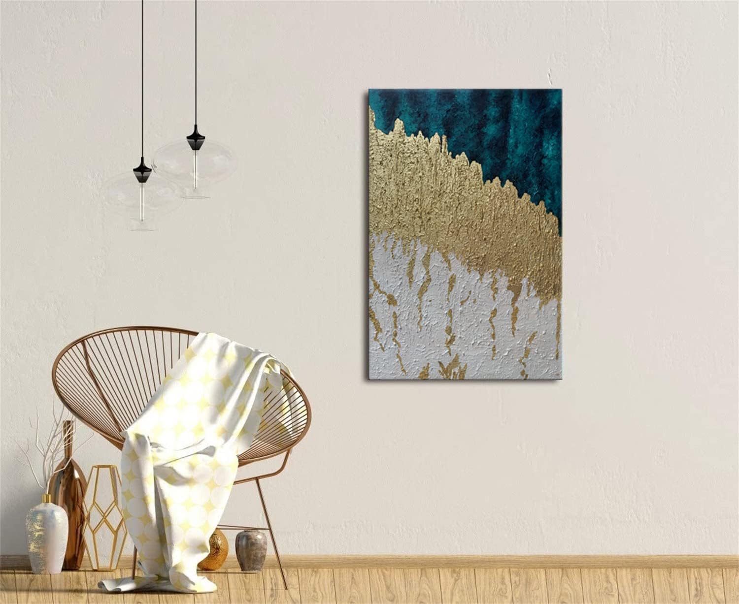 Slyart Lienzo vertical azul y dorado para pared, pintura al óleo moderna en 3D abstracta sobre lienzo, pintada a mano, obra de arte de metal