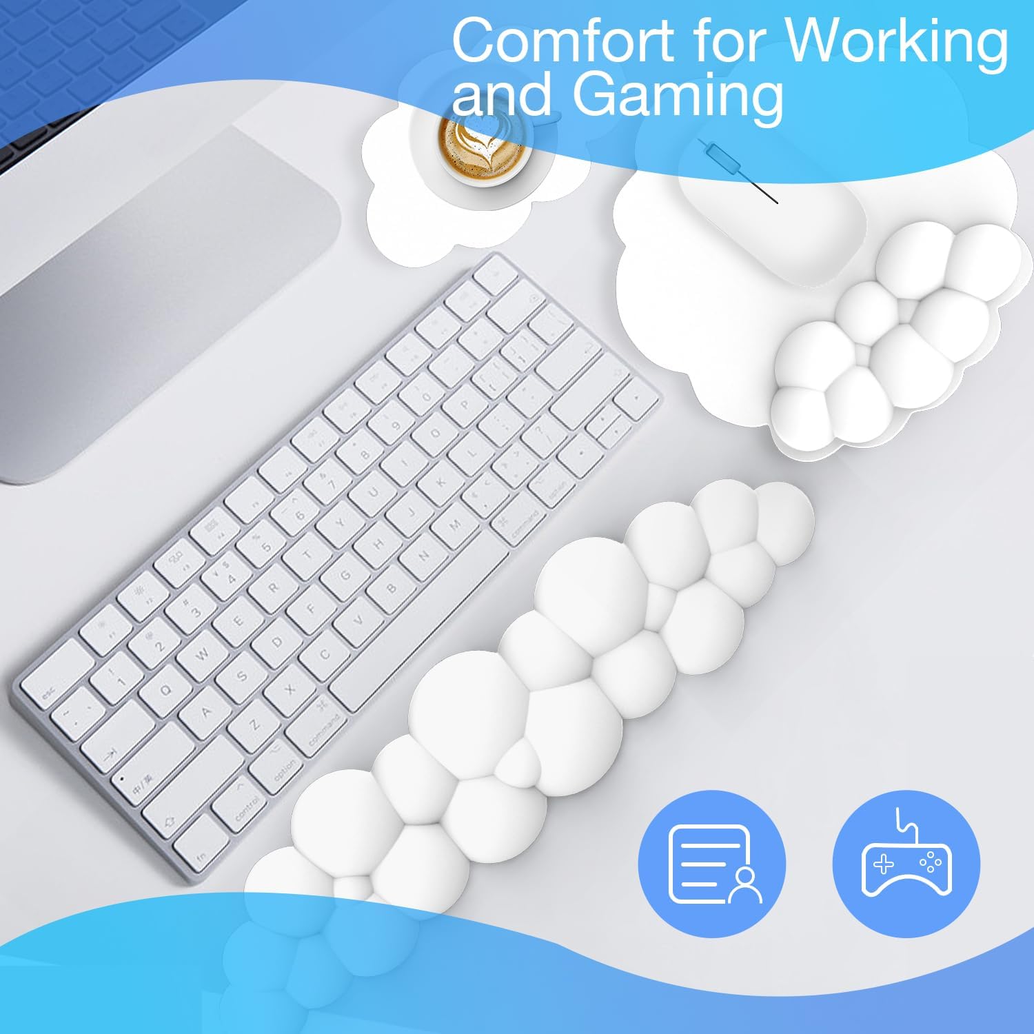 Reposamuñecas para teclado Cloud 3 en 1, teclado de piel suave, reposamuñecas para aliviar el dolor de muñeca para el hogar, oficina, laptop,