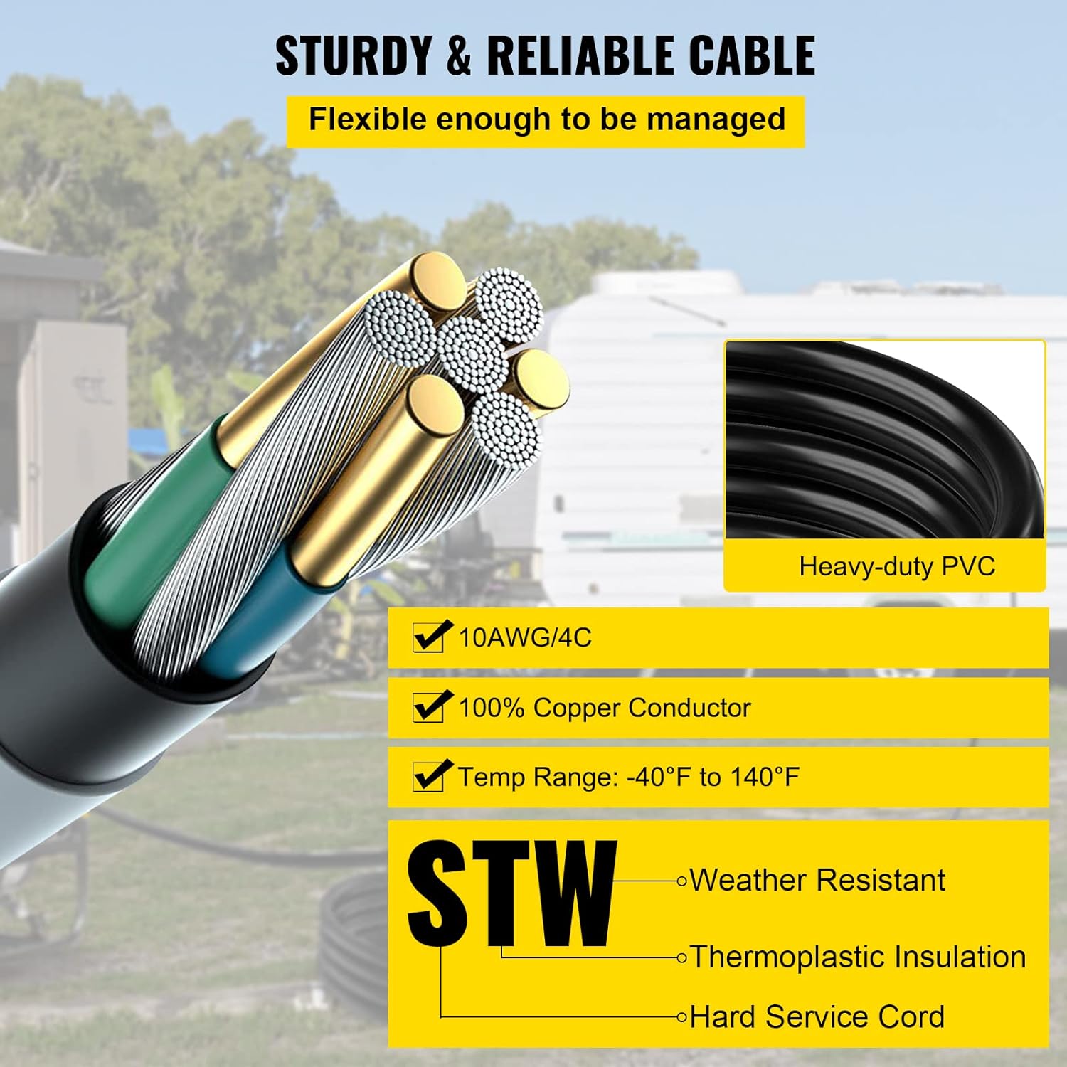 VEVOR Cable de extensión para generador de 50 pies y 30 amperios SJTW 10 AWG, 4 clavijas, NEMA L14-30P 125250V, cable de alimentación de generador