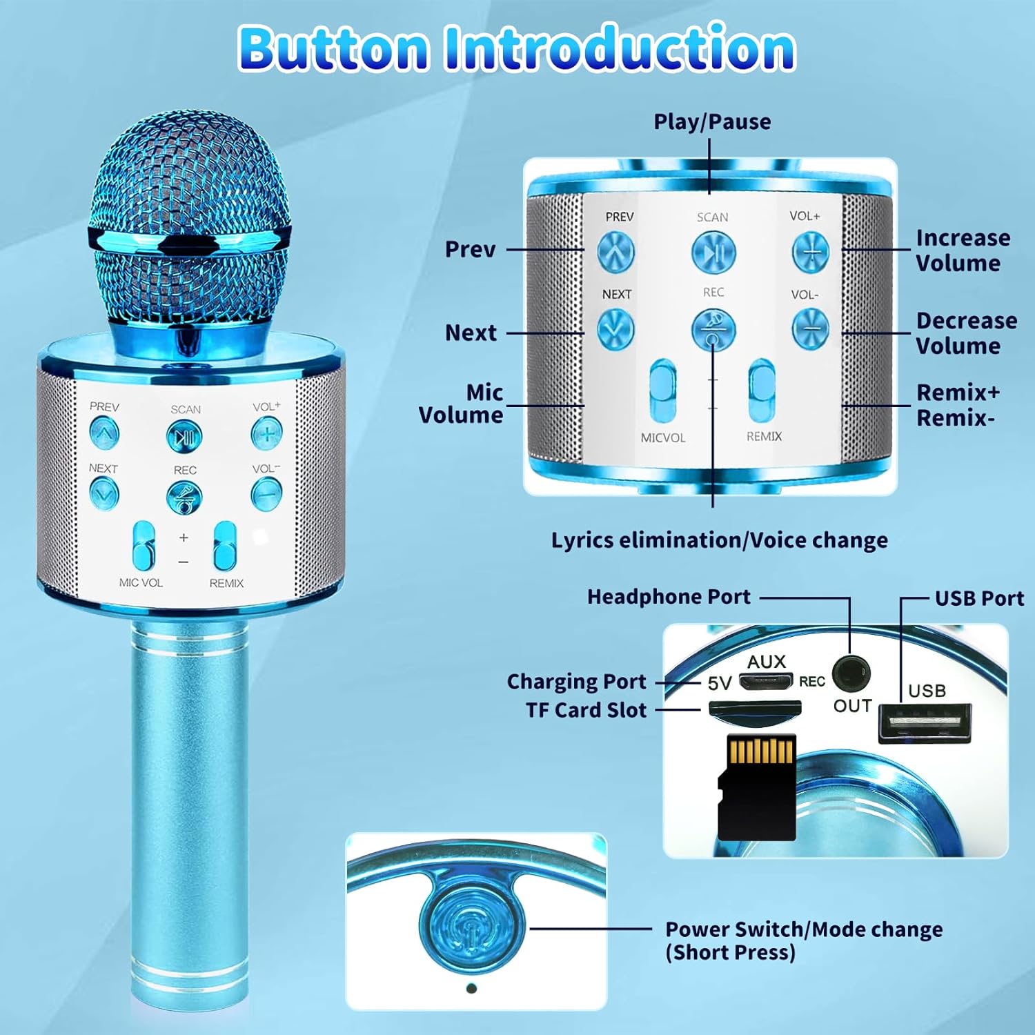 Justcool Micrófono de karaoke para niños, micrófono inalámbrico Bluetooth 5 en 1, micrófono de karaoke portátil de mano con altavoz, grabadora de