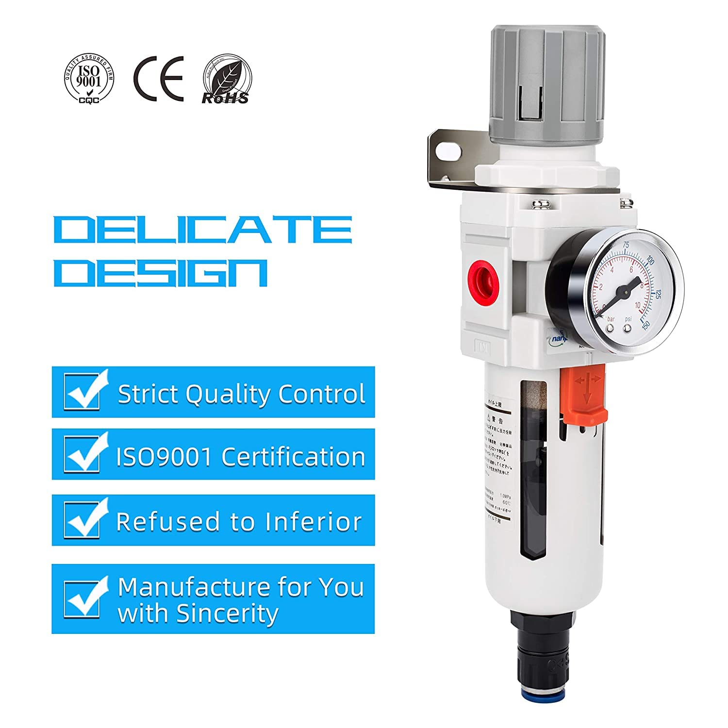 NANPU Regulador de filtro de aire comprimido NPT de 12 pulgada combinado a cuestas, drenaje automático, elemento de latón de 5 micrones, cuenco de