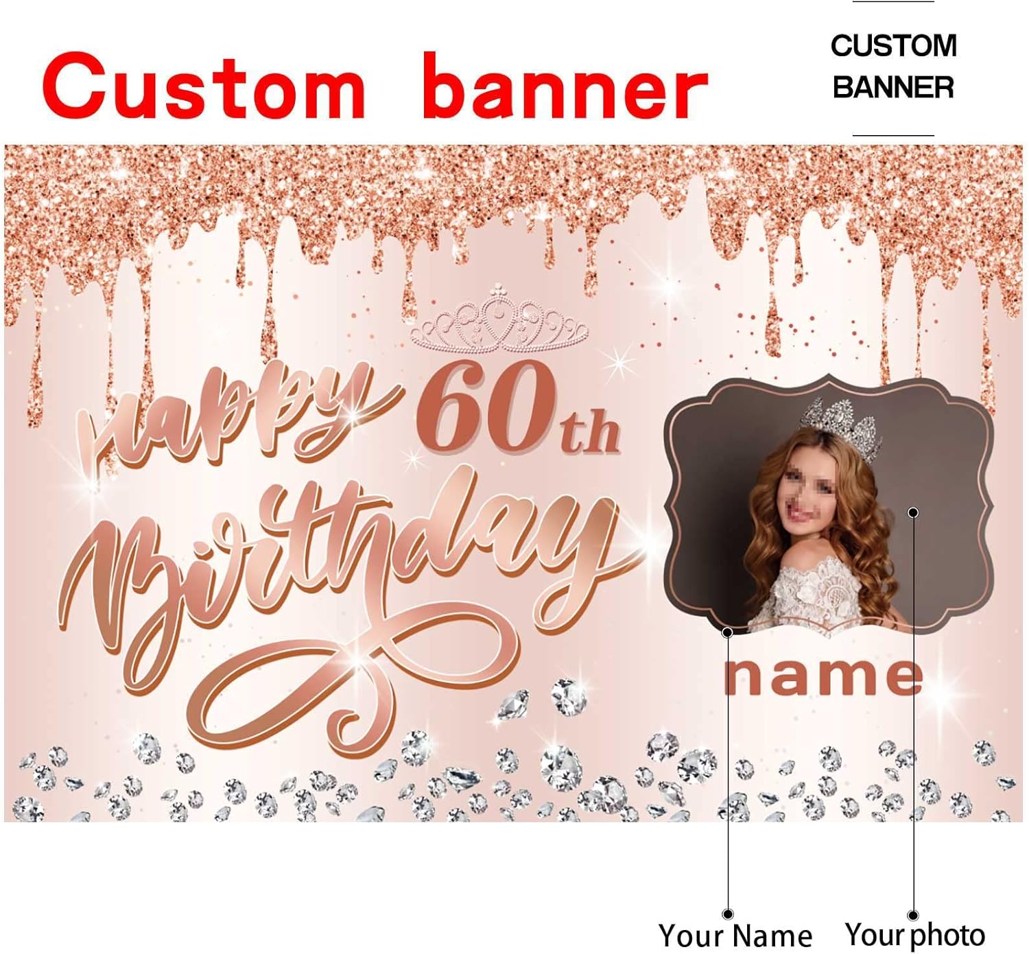 Pancarta personalizable de decoración de feliz cumpleaños número 60, personalizable con nombre y foto