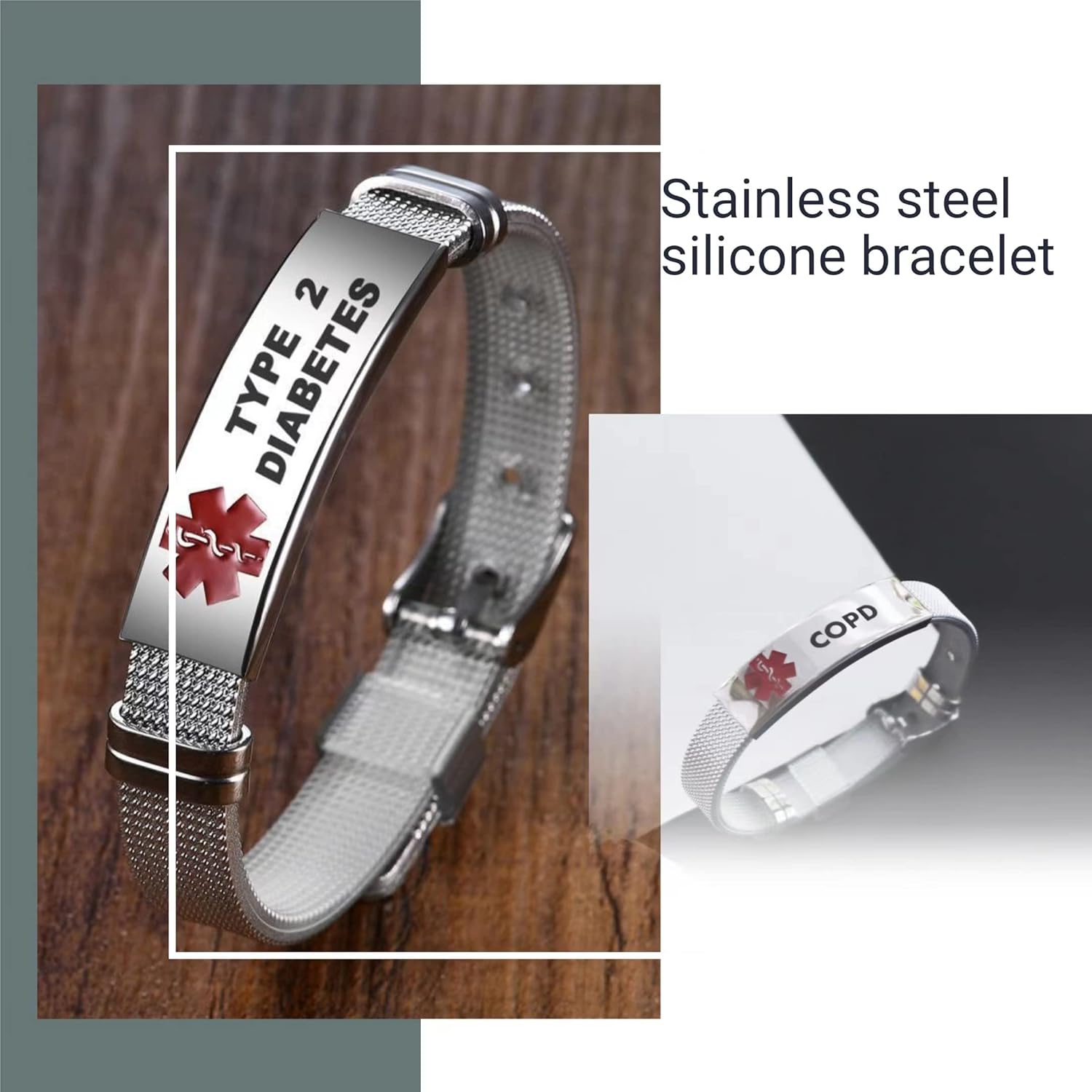 Pulsera de identificación médica de acero inoxidable, diseño de correa de reloj de rejilla, ajustable, identificación de alerta médica de