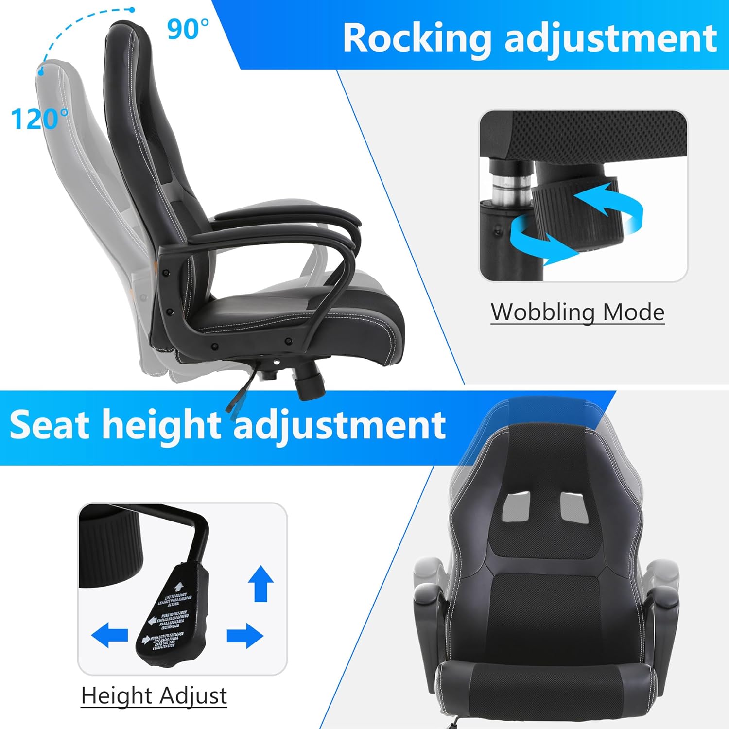 PayLessHere Silla de oficina para videojuegos, soporte ergonómico ajustable de piel sintética, silla de masaje lumbar para carreras, reposacabezas y