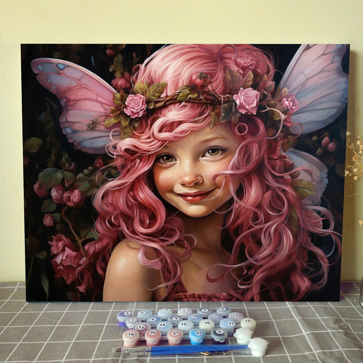 Angel Girl – Pintura por números para adultos, corona de rosas rosadas, pintura al óleo digital, pintura acrílica, kit de pintura linda para niñas,