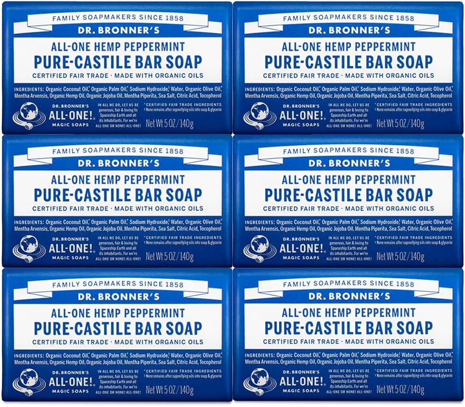 Jabones mágicos Dr. Bronners, jabón de Castilla puro, Menta de cáñamo, todo en uno, barras de 5 onzas (paquete de 6), Peppermint