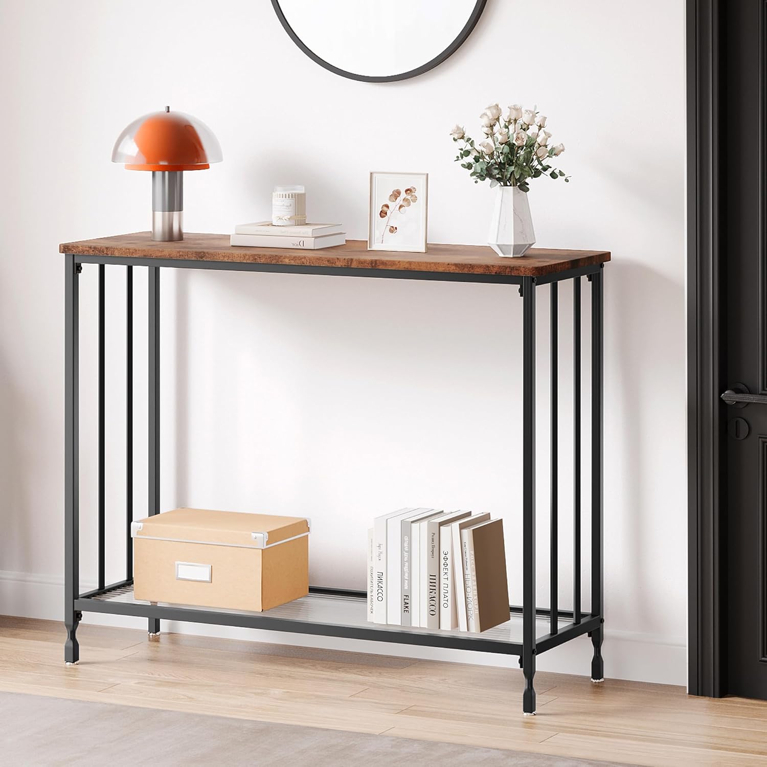 Mesa consola, mesas de sofá, mesa de entrada estrecha con estante de vidrio y marco de metal, mesa de pasillo industrial de 33.5 pulgadas para sala