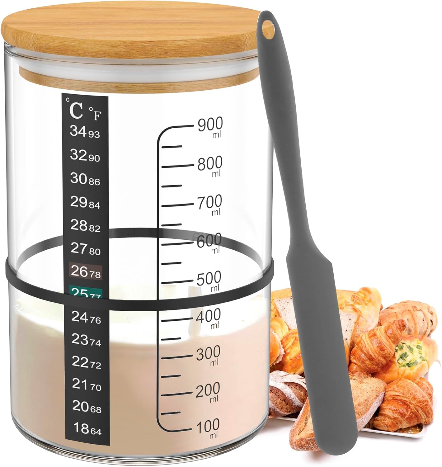 Tarro básico de masa madre con tapa de madera de 30.4 fl oz, recipiente de inicio de masa madre, tarro de fermentación de masa madre transparente de