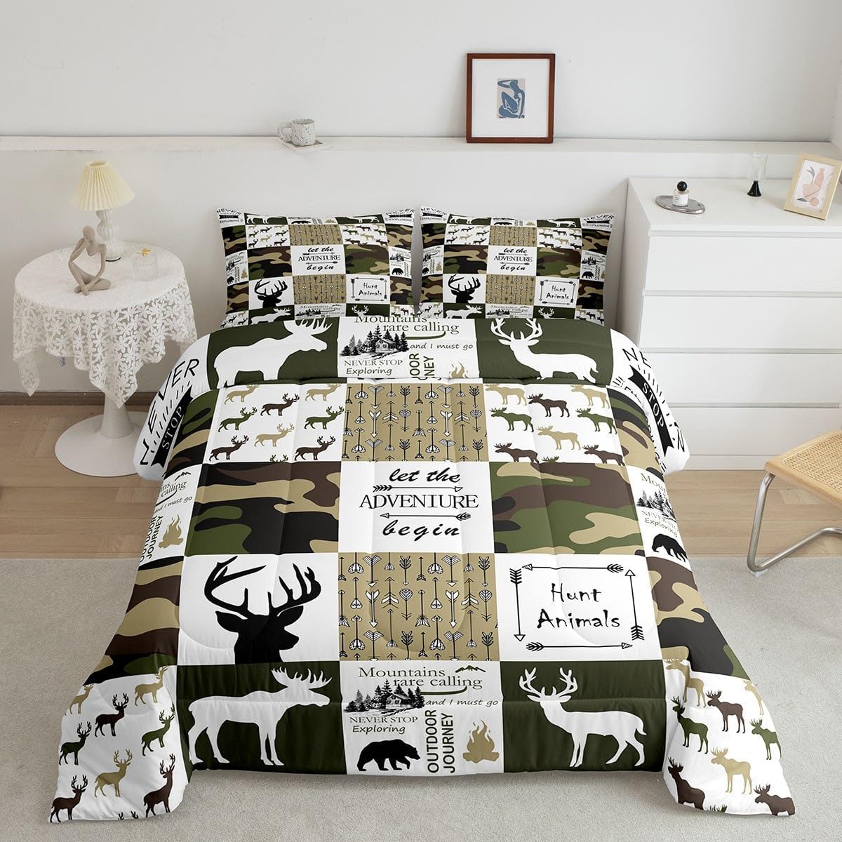 Castle Fairy Juego de edredón de cuadrícula tamaño Queen para niños, adolescentes, niños, decoración del hogar, ropa de cama de camuflaje de ciervos