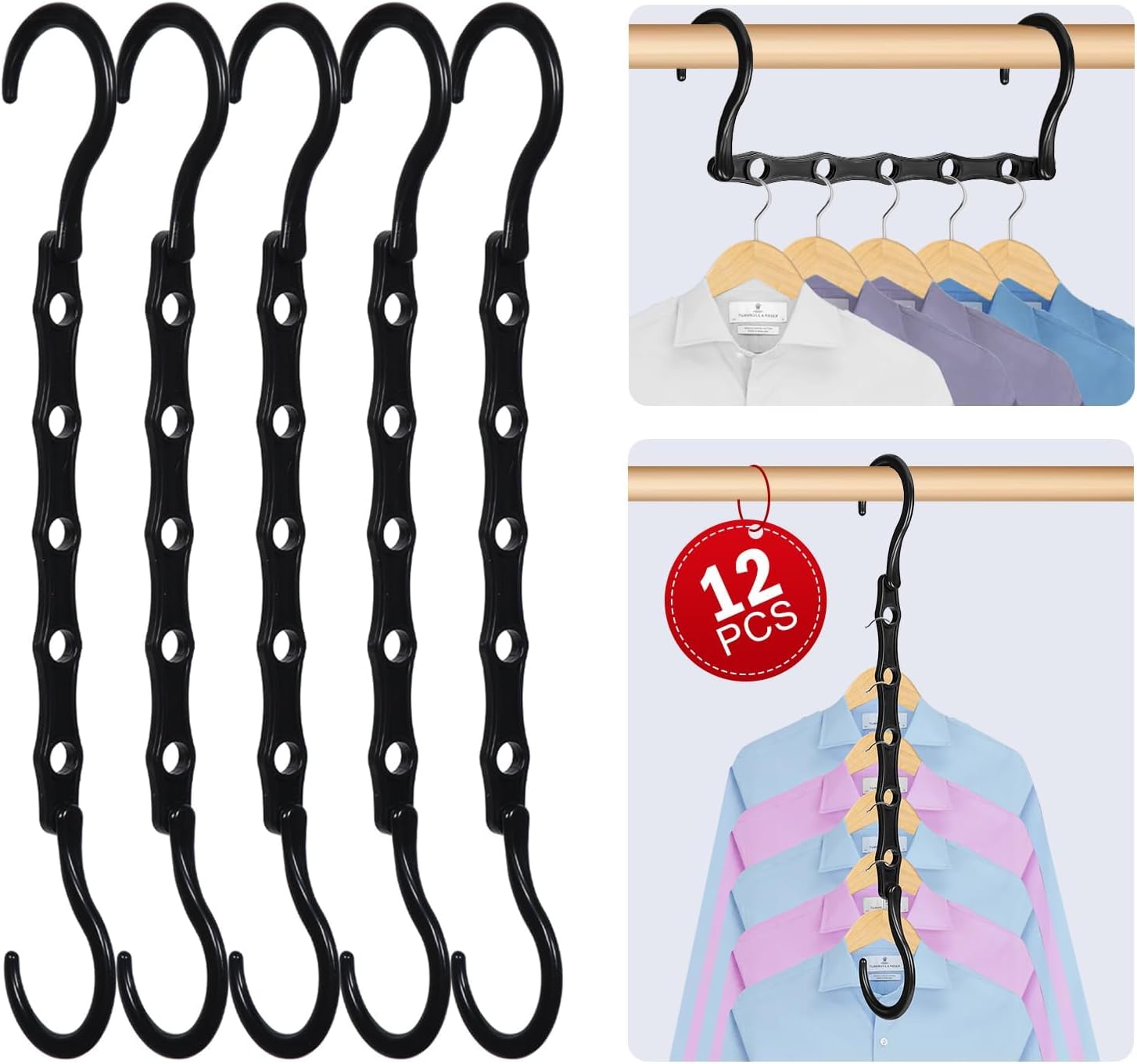 Magic Hanger – Paquete de 12 perchas multifuncionales para armario, organizador y almacenamiento, 5 agujeros, ahorro de espacio, apilador para