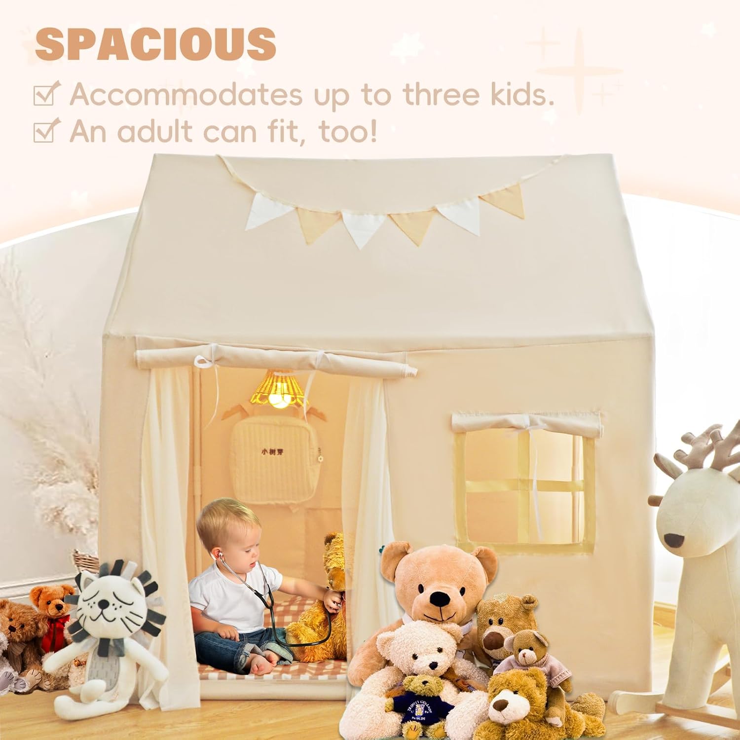 TreeBud Tienda de campaña con alfombrilla acolchada, banderines, luces de hadas, casa de juegos para niños con gran espacio para interiores y