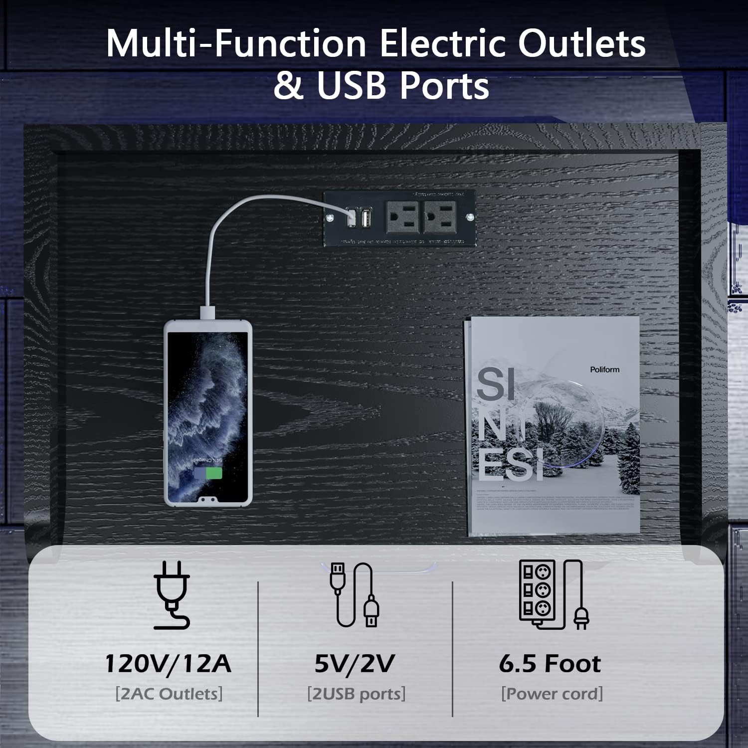 Mesita de noche con estación de carga, mesita de noche con luz LED, mesa auxiliar moderna con cajones de almacenamiento, mesita de noche con luz LED