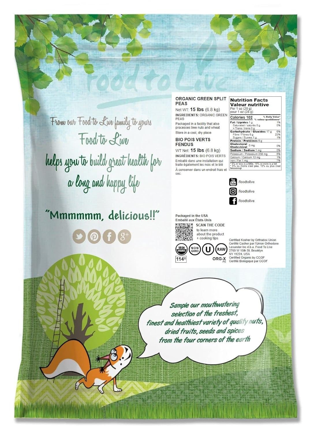 Guisantes verdes orgánicos, 15 libras, sin OMG, secos, veganos, kosher, a granel. Fácil de cocinar. Gran fuente de proteínas, fibra, minerales