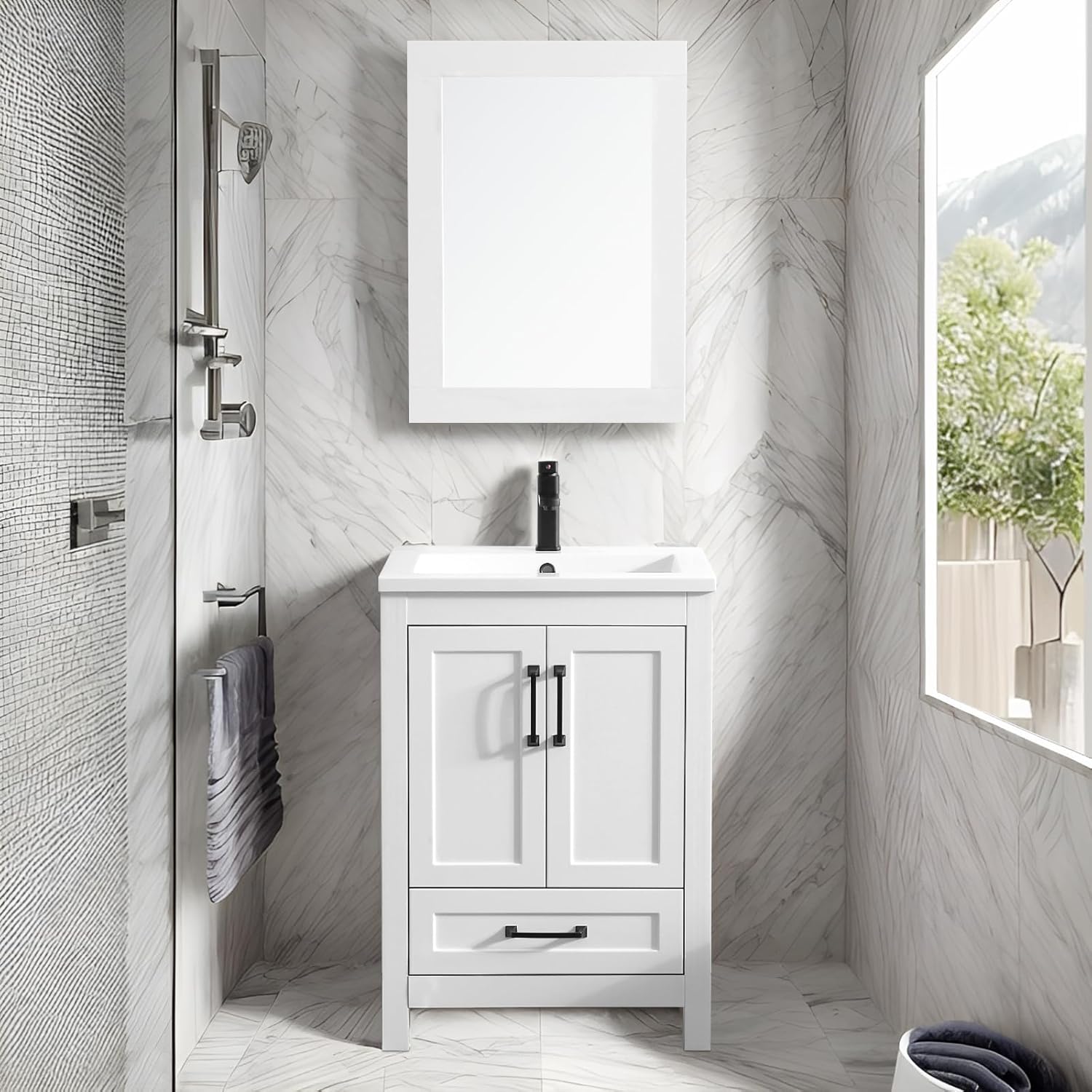 eclife Juego combinado de tocadores de baño de 24 pulgadas con lavabo, fregadero de cerámica empotrado con madera gruesa, grifo negro mate,