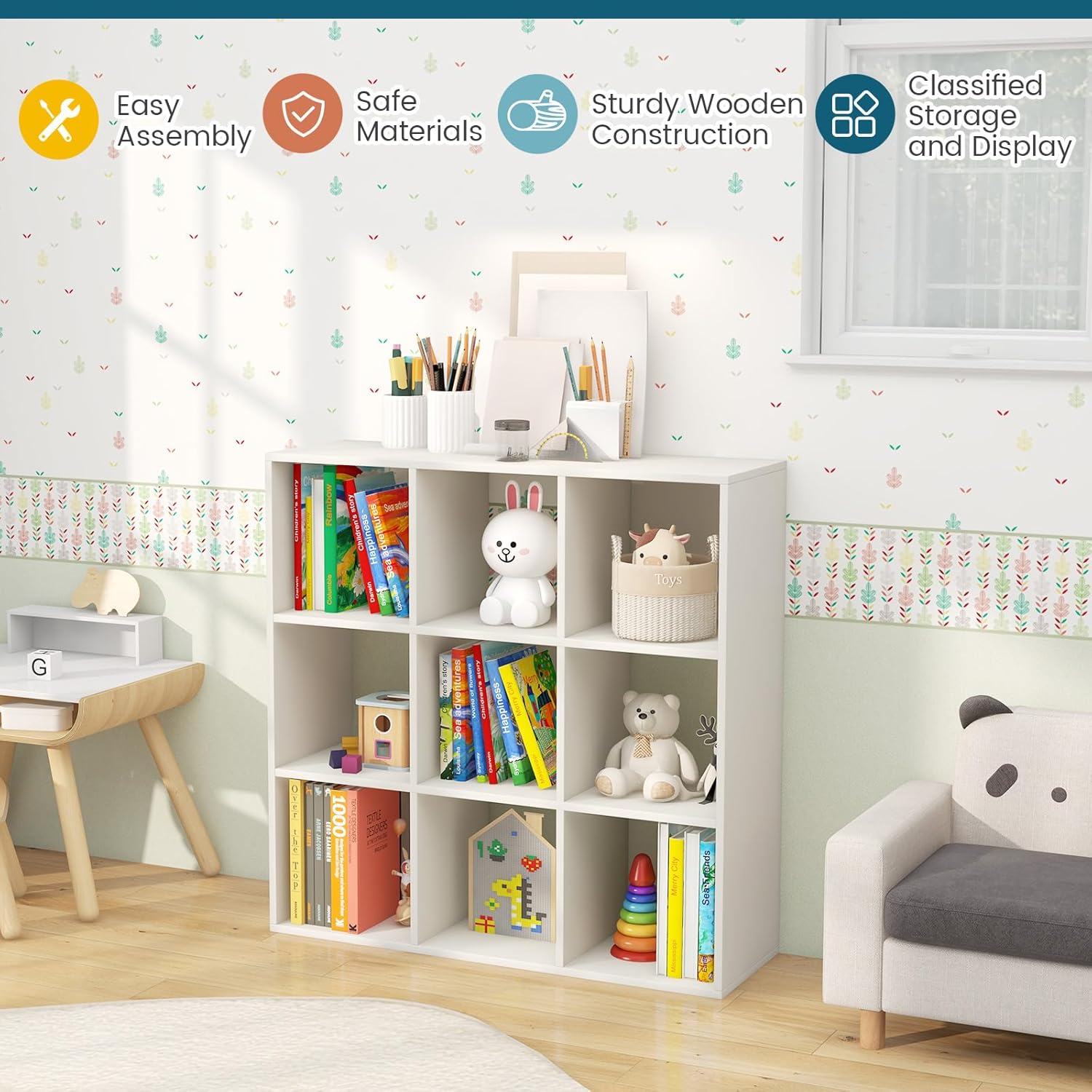 Costzon 9-Cube Toy Storage and Organizer, 4-Tier Wooden Kids Bookshelf, Toy and Book Storage Display Organization, Toddler Shelf for Playroom,