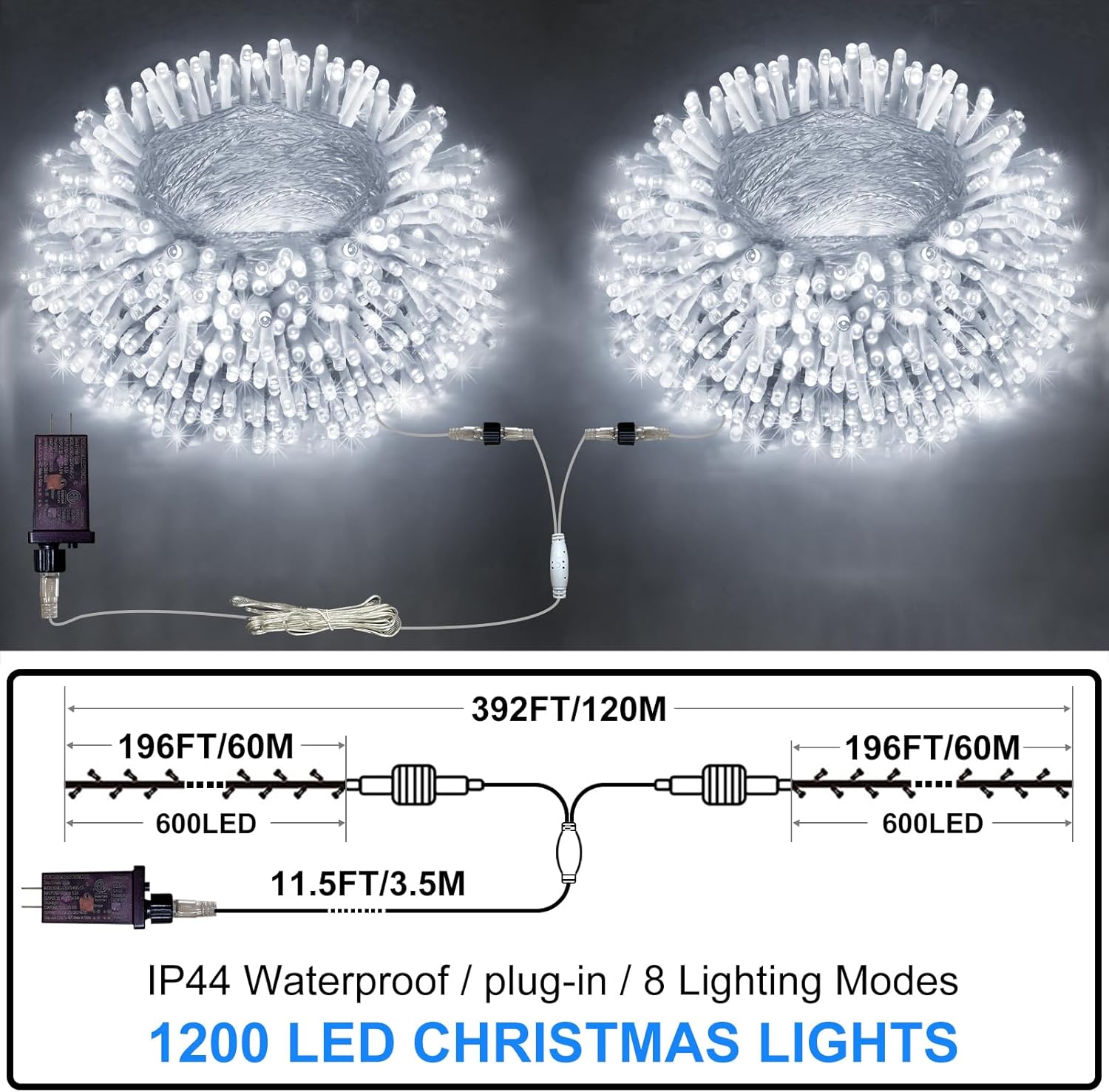 FLVOECN 1200 luces LED de Navidad de 392 pies, decoración al aire libre, 8 modos y temporizador de memoria, luces de Navidad con enchufe remoto,