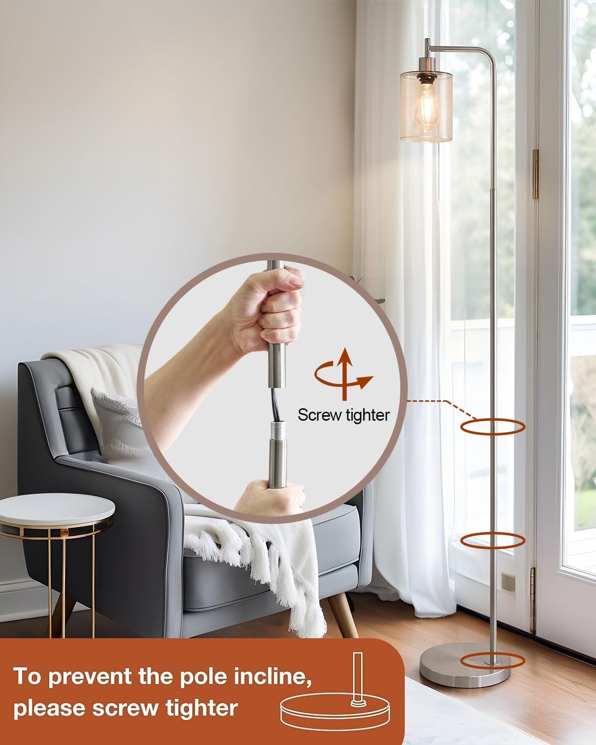 Oneach Lámparas de pie de 66.5 pulgadas para sala de estar con pantalla de cristal, lámpara de pie industrial para dormitorio, lámpara de pie