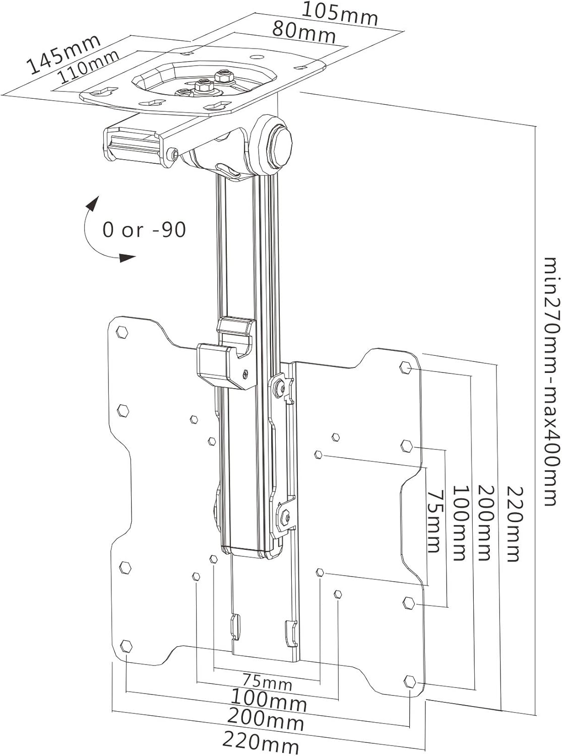 InstallerParts Soporte de techo plegable para TV  para pantalla plana de 17 a 37 pulgadas y monitor de hasta 44 libras, ángulo abatible y giratorio