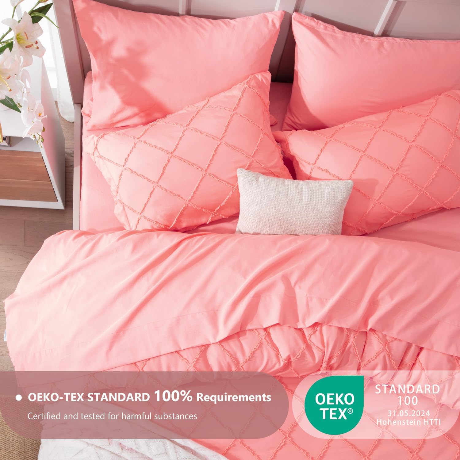 Gotroolhome Juego de edredón rosa coral con diseño copetudo, juegos de ropa de cama de granja para todas las estaciones, cama Queen suave de 7