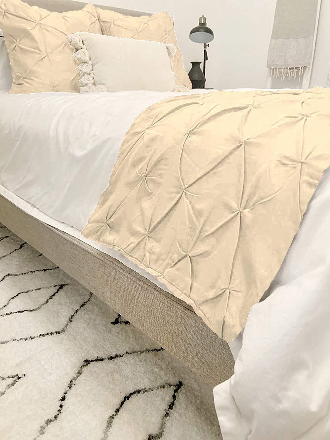 KBC linen Juego de corredor de cama 100% algodón de 800 hilos, 5 piezas, plisado, bufanda decorativa, camino de cama plisado de 1 pizca y 4 fundas