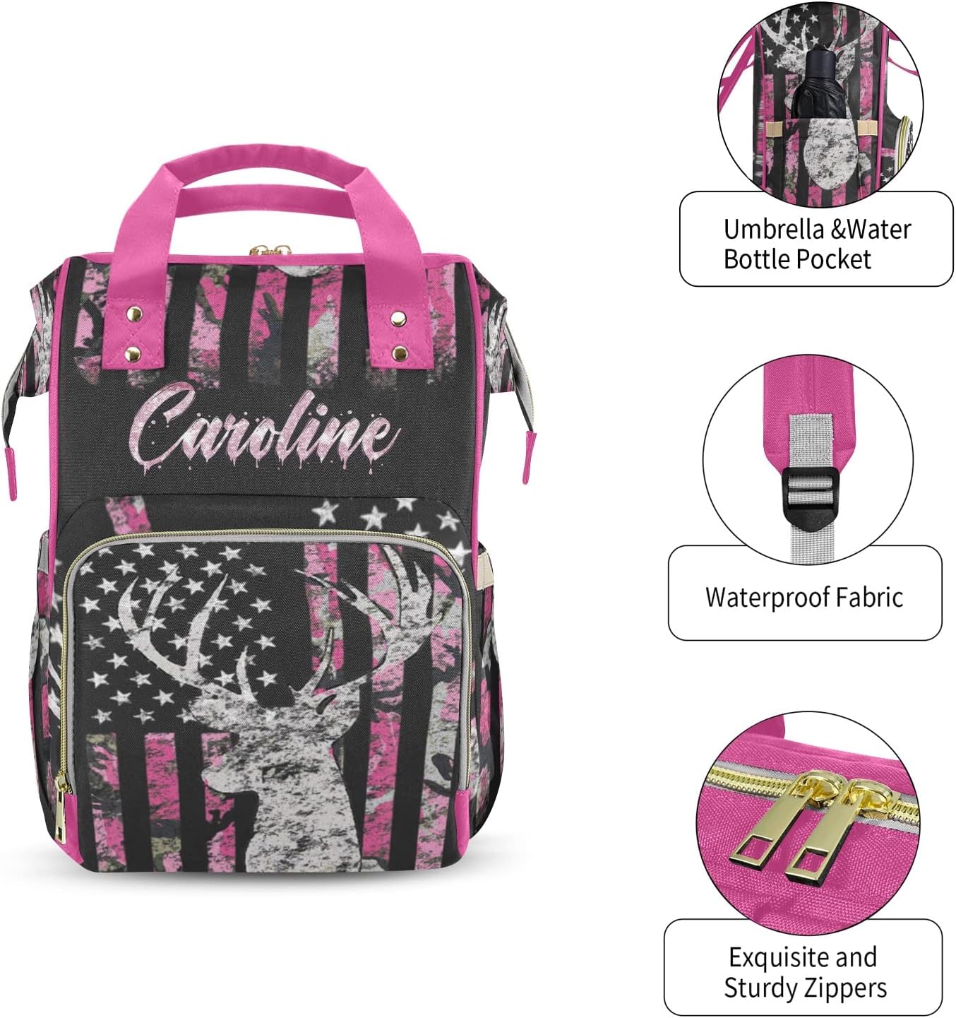 Mochila para pañales, mochila para bebé niña con nombre, Multi2, 10.83″L x 6.69″W x 15″H