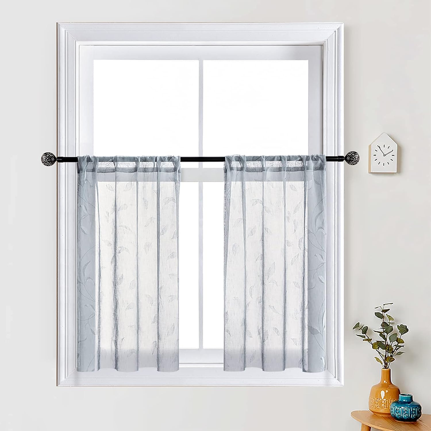 MRTREES Cortinas cortas de lino transparente, con bolsillo para barra, cortinas de cocina con estampado de hojas para sala de estar, dormitorio,