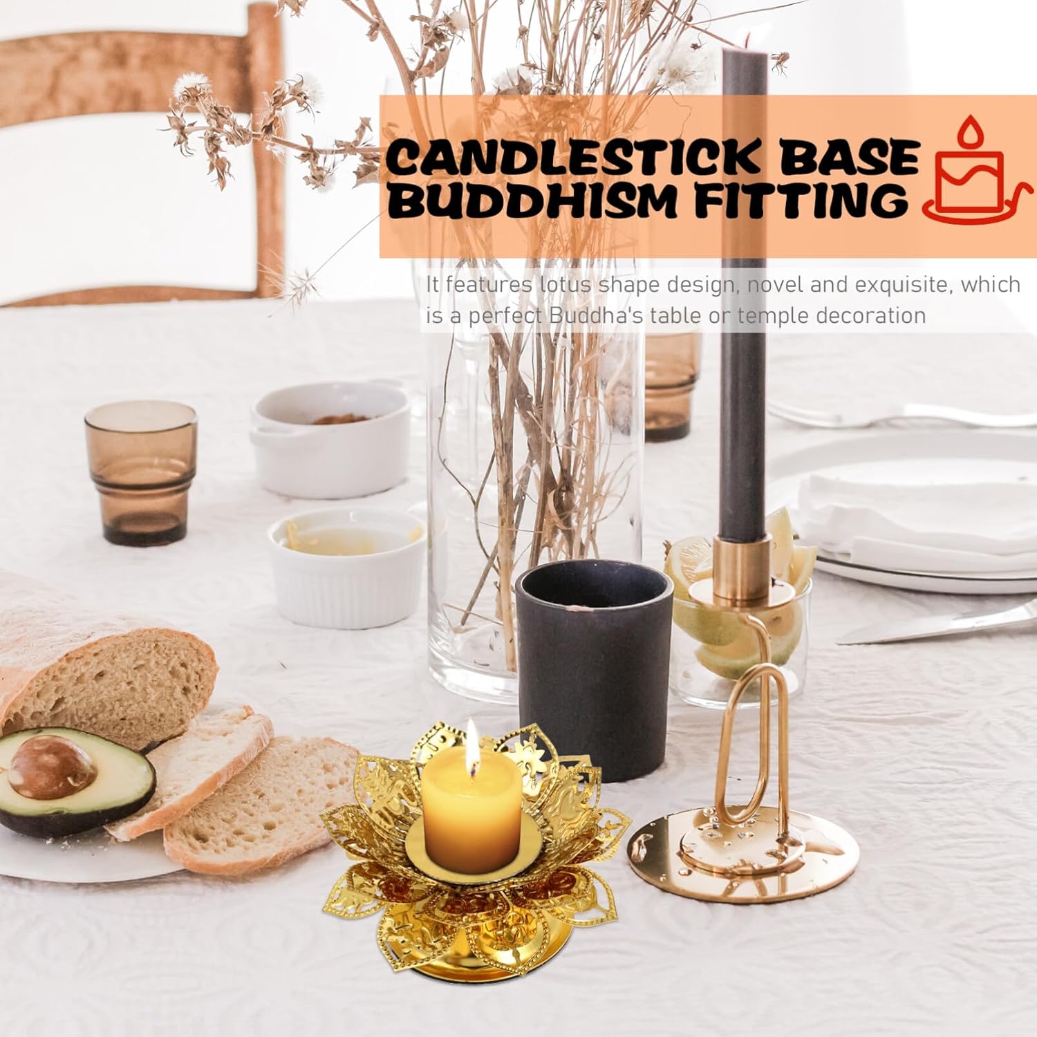 SOLUSTRE Candelabro de Buda con base de vela de loto, flor de loto, candelita votiva, soporte de lámpara de mantequilla de Buda de metal, soporte de