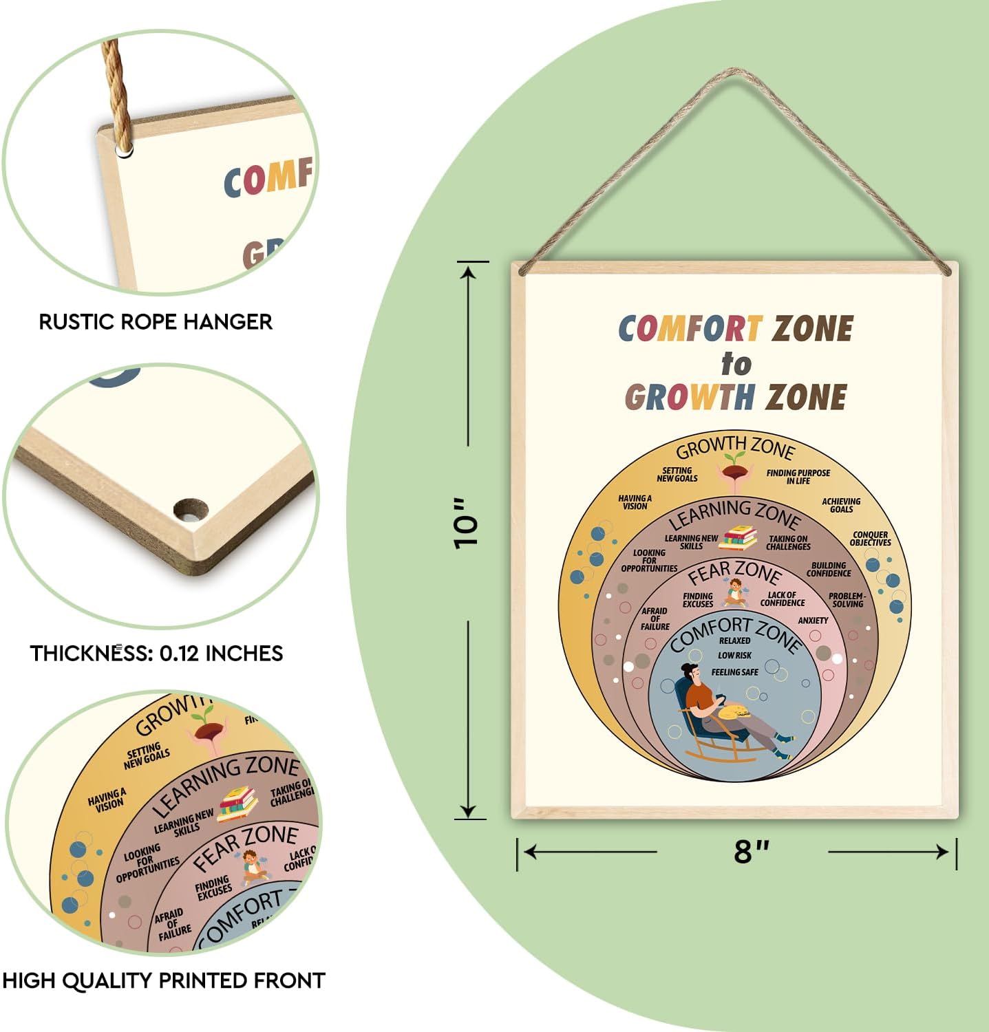Comfort Zone To Growth Zone – Letrero de madera colgante para oficina, 10 x 8 pulgadas, decoración de pared para el hogar, placa de madera impresa