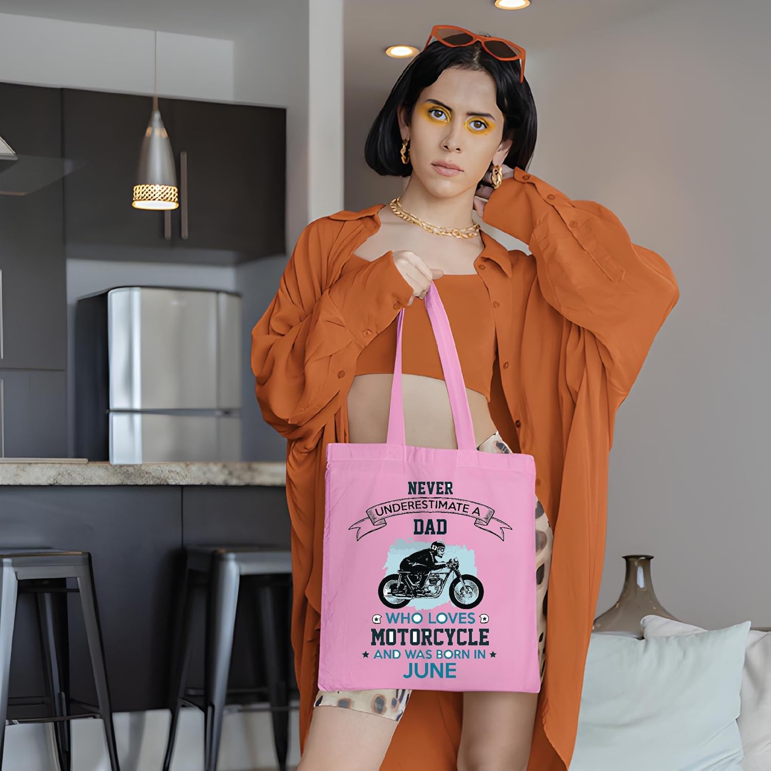 Motorcycle Loving DADA Birthday Gift for June Borns Natural White Multicolor Canvas Tote Bag