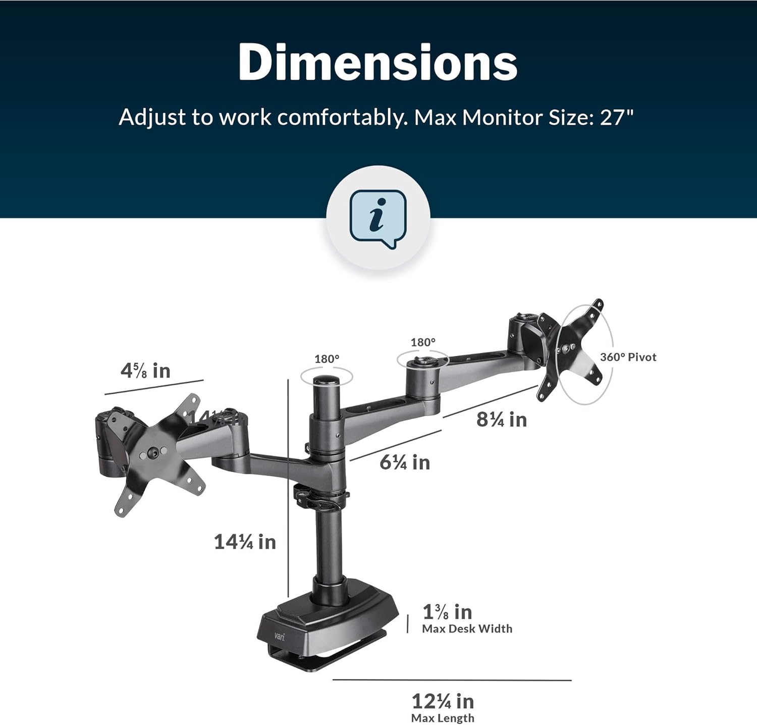 Vari Brazo de monitor dual de 180 grados, soporte para monitor VESA con ajuste de 180 grados, monitores de hasta 27 pulgadas, 19.8 libras, brazos