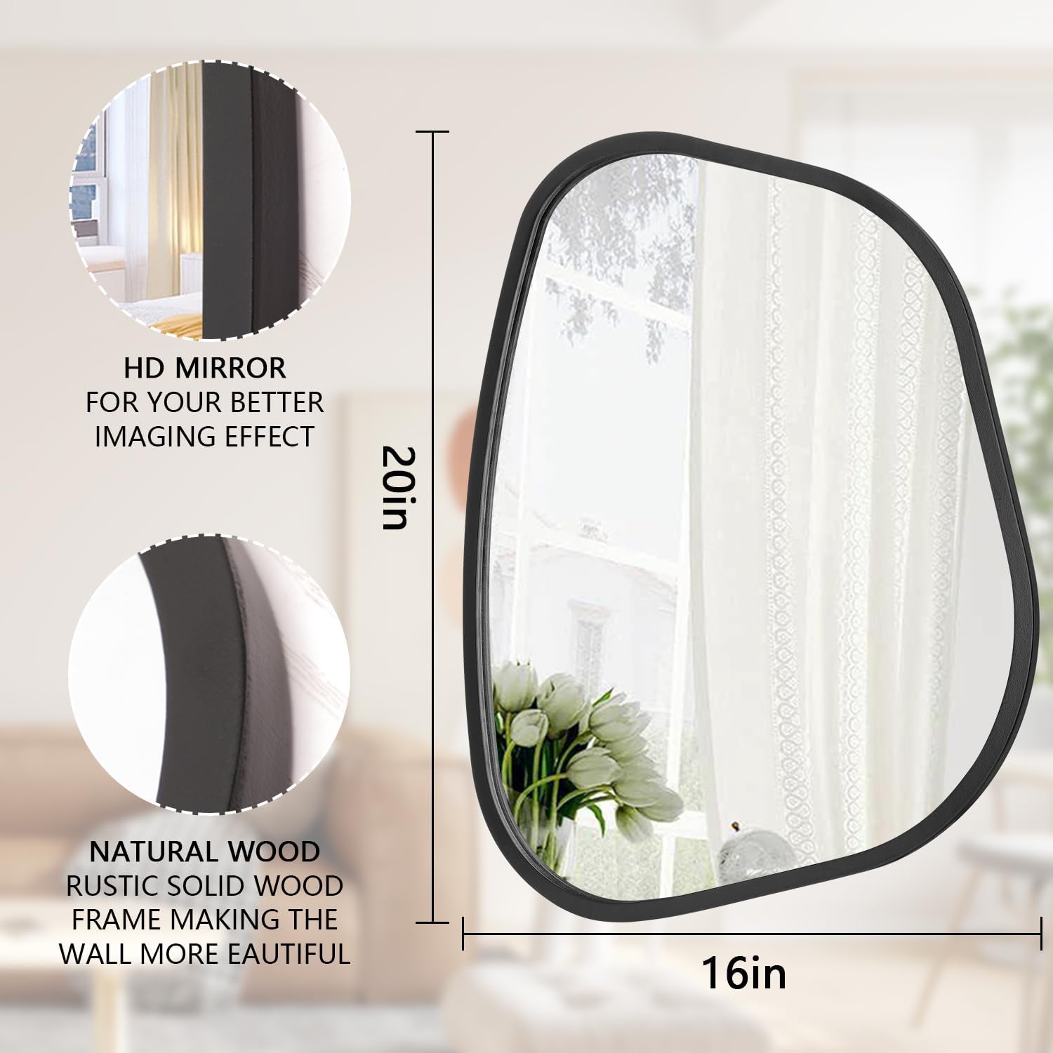 Espejo asimétrico negro grande de 20 x 16 pulgadas, espejo de pared ovalado irregular, marco de madera moderno, forma única, espejo artístico