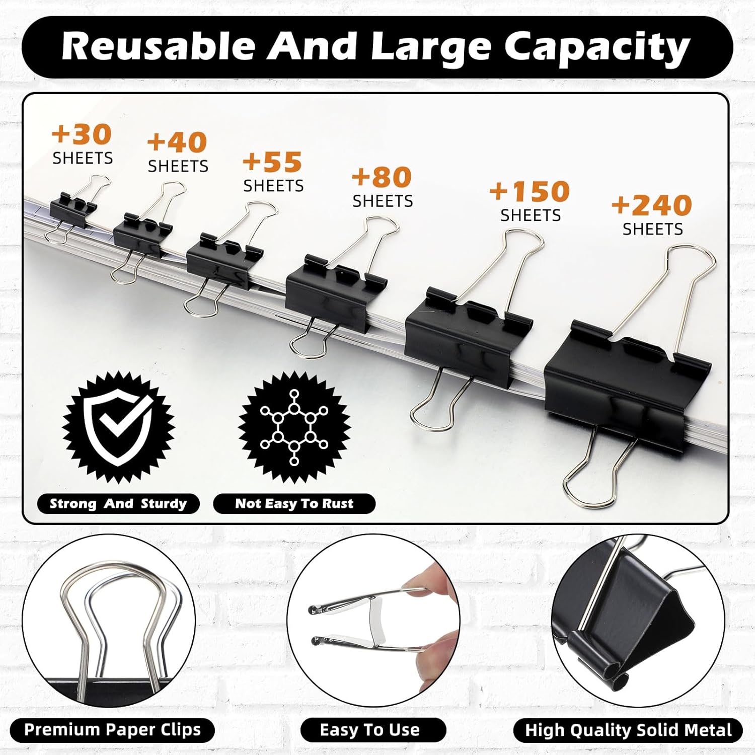 Yexiya 640 clips para carpeta, abrazaderas de papel de varios tamaños, color negro, clips de metal para carpetas de papel, combinación de